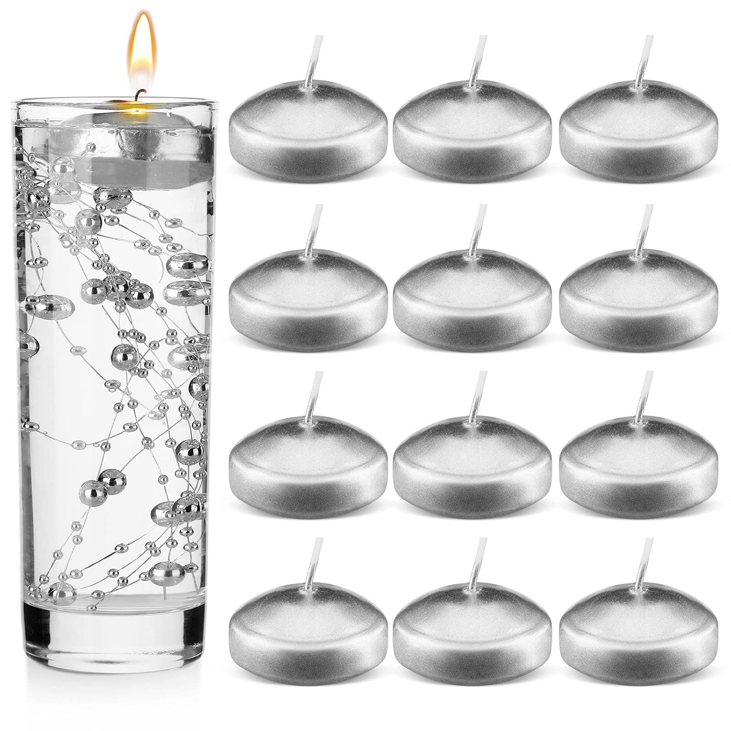 Nuanchu 12 Pieces 1. 65 Inch Floating Candles for Wedding Centerpiece, Small Unscented Floating Round Tealights Metallic Smooth Wax Disc Candles for Graduation Dinner Home Decor(Silver)