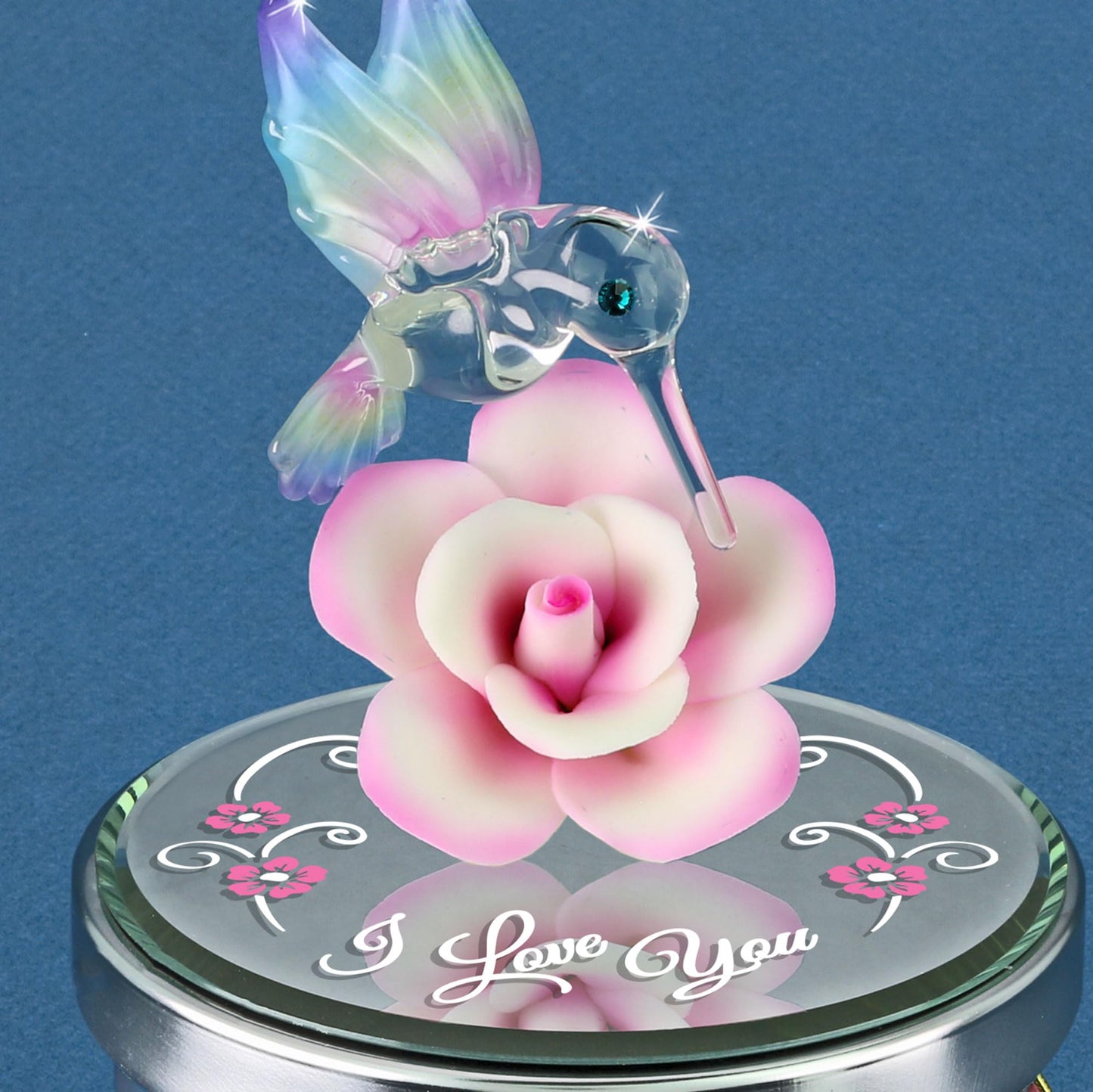 Glass Baron Candle Holder Jar, Blown Glass Hummingbird Lid with Airbrushed Porcelain Flower & Austrian Crystal Accents, 5.5 x 3 inches