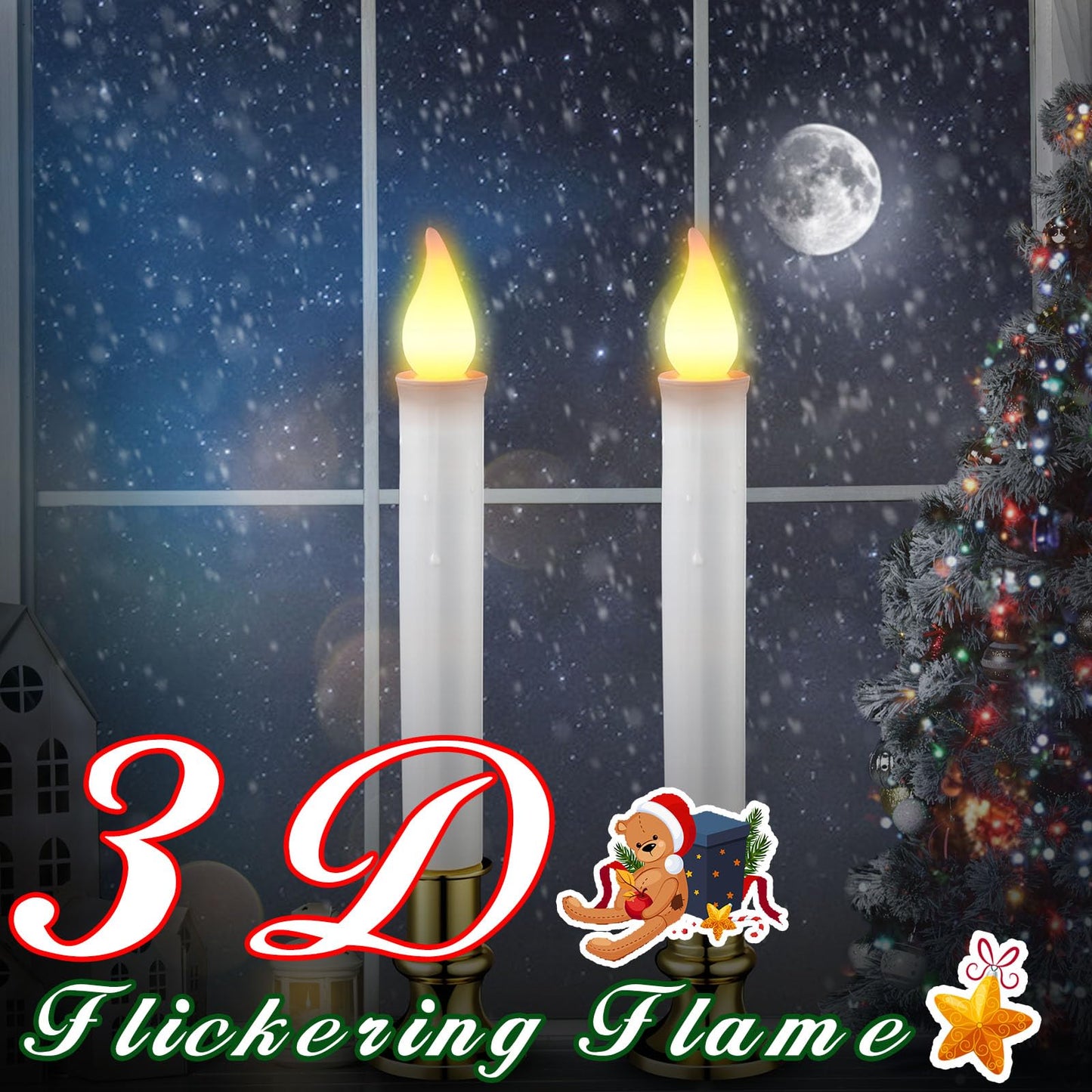 Baquler 8 Pcs Christmas LED Window Candles with Sensor Dusk to Dawn Light Sensor 9.37 Inches Cordless Flameless Battery Taper Candles with Flickering Amber Flame for Xmas Home Decor(Gold)