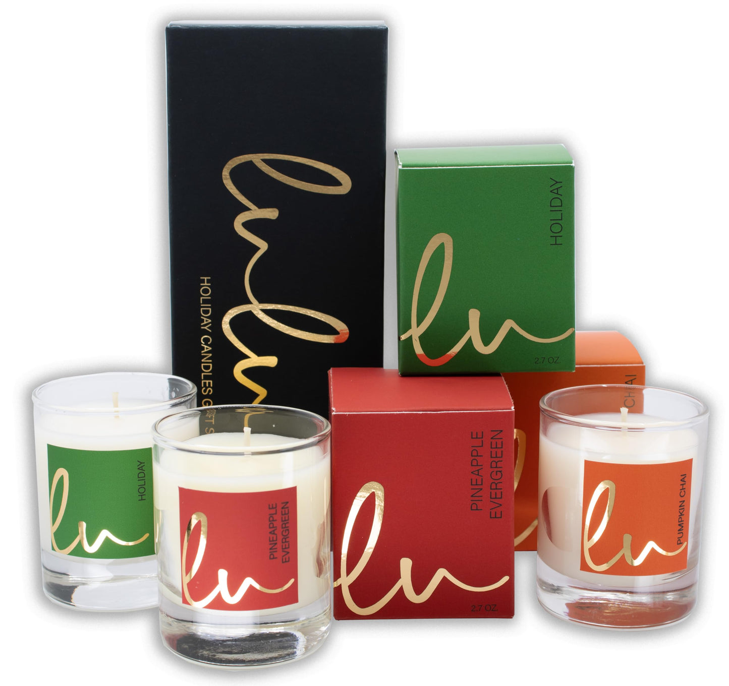 Lulu Candles | Holiday, Pineapple Evergreen, Pumpkin Chai | Luxury Scented Soy Jar Candle | Hand Poured in The USA | Highly Scented (Holiday Gift Set - 3 PC, 2.7 Oz. Votives)