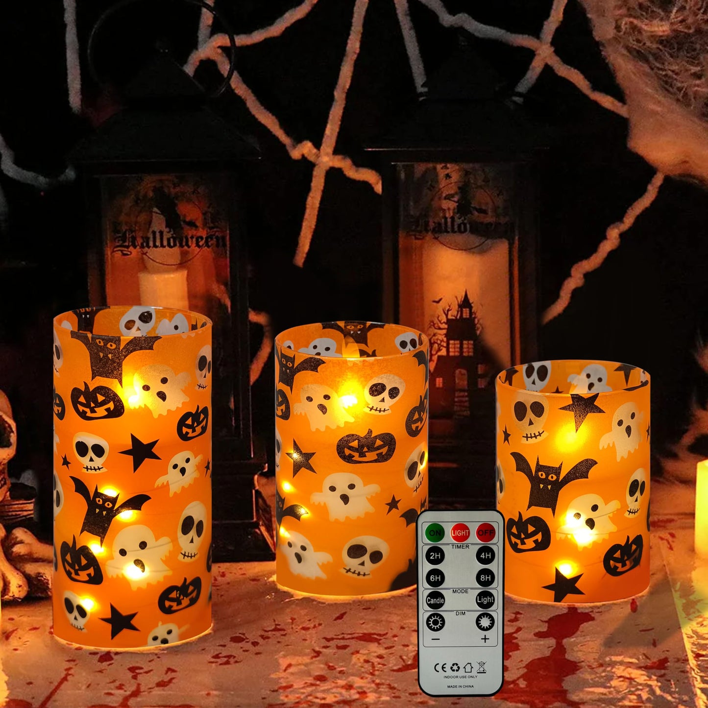 Flickering Flameless Candles Halloween Pumpkin Ghost Print, Embedded Star String Lights, Battery Operated Acrylic LED Pillar Candles with 11-Key Remote and Timer for Home Decoration, 3 Pack
