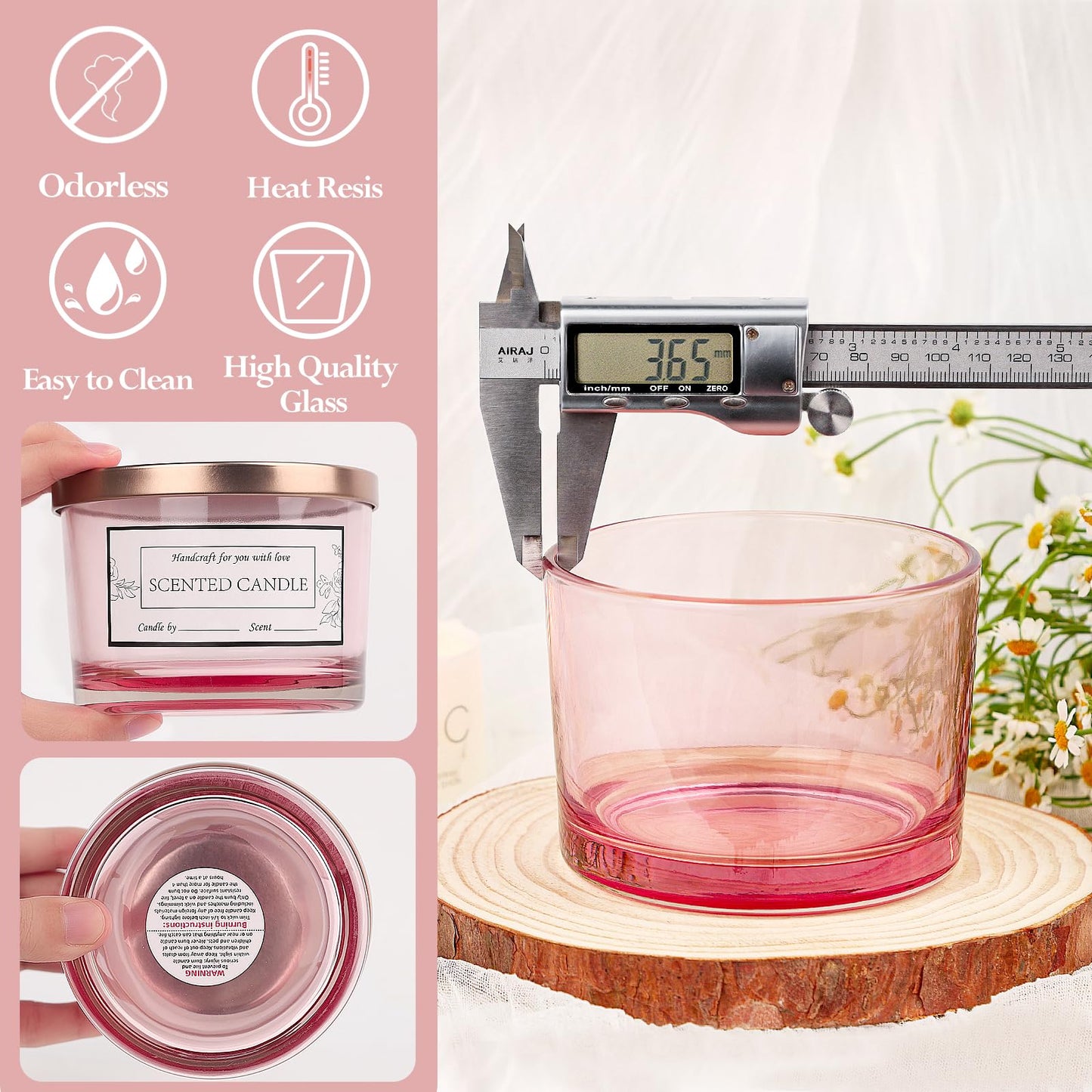 CONNOO 6 Pack 16 oz Candle Jars - 3 Wicks Pink Empty Glass Wide Mouth Candle Jars Come with Metal Lids Sticky Warning Labels and a Candle Wick Kit for Candle Making- Dishwasher Safe