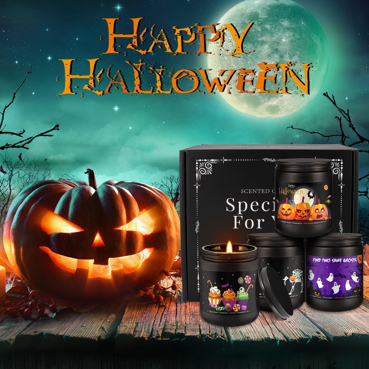 Grcdoyvl Halloween Scented Candles Set of 4 (7oz Each) – Spooky Aromatherapy Soy Wax Candles with Bat & Ghost Designs, Smokeless for All Saints' Day, Home Decor & Festive Gifts