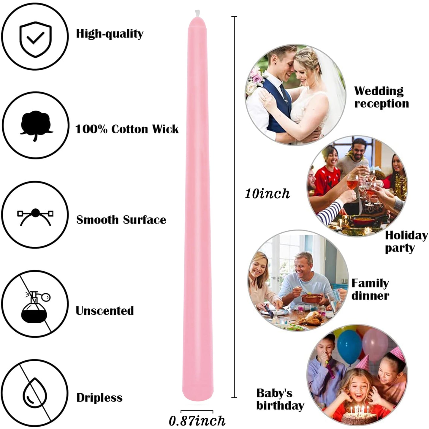 8 Pack 10 Inch Pale Pink Smooth Taper Candle Set, 7/8 Inch Unscented Driples Candlesticks for Home Decoration, 6-7 Hours Burn