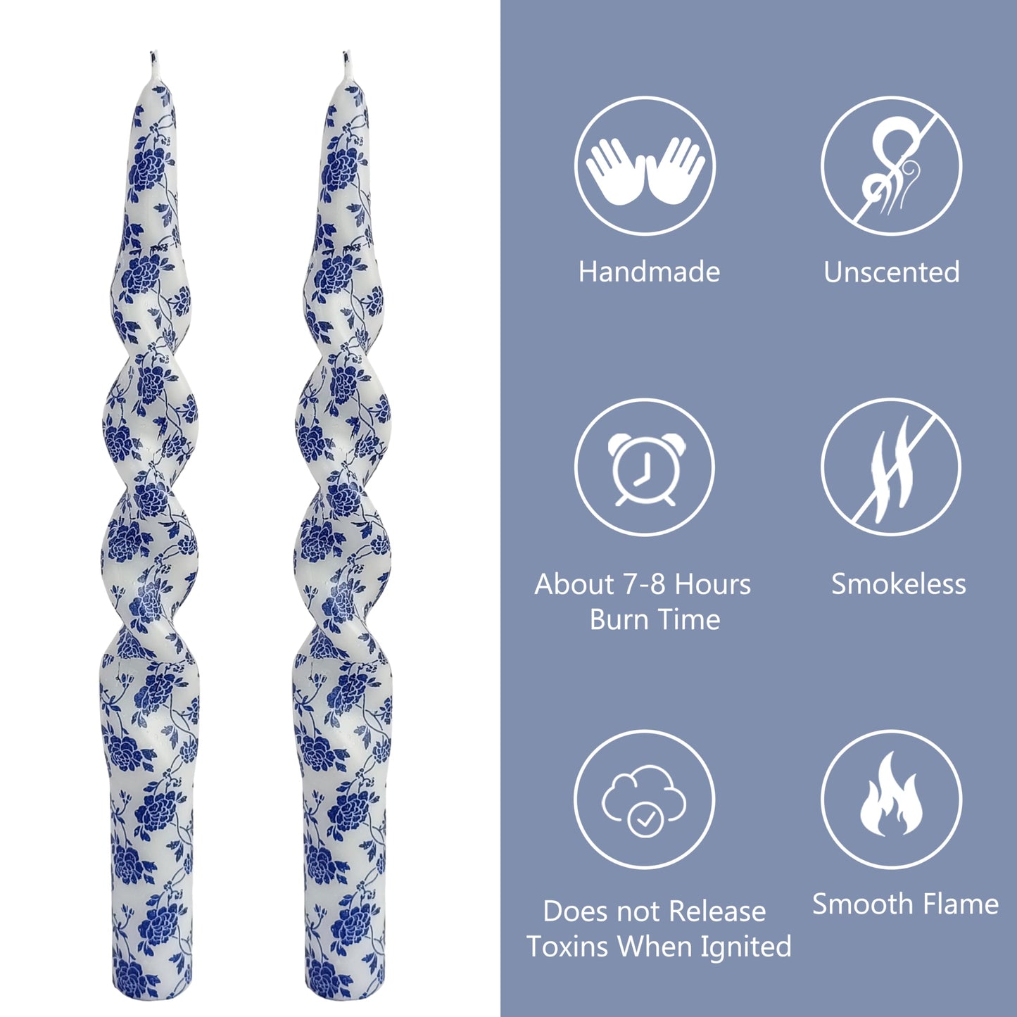 Blue Flower Printed Spiral Candles Set of 2, 10 Inch Handmade Tapered Candles, Unscented Floral Candle Stick Style Candlesticks for Wedding Home Decor Gift
