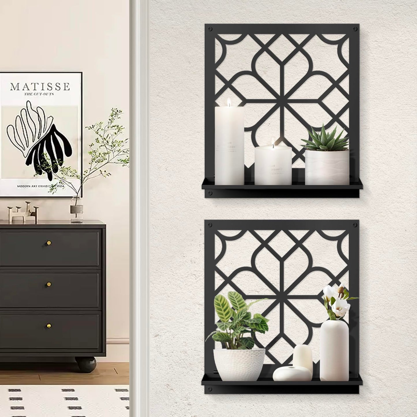 Black Metal Wall Candle Holder Set of 2, Square Rustic Farmhouse Bathroom Wall Decor, Modern Boho Aesthetics Line Art for Entryway, Hallway, Living Room, Bedroom (11.8 x 13 in)