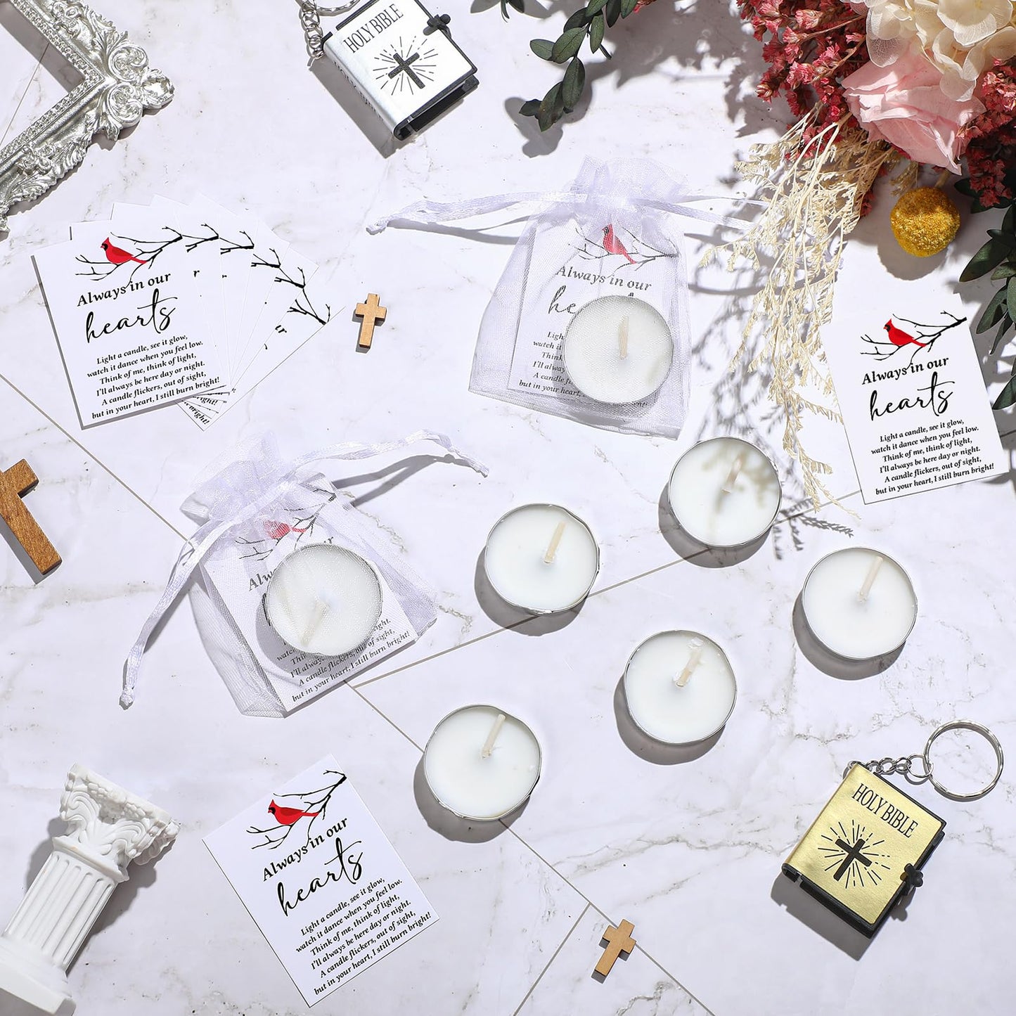 Coume 50 Set Funeral Party Favors Memorial White Candles Unscented Funeral Gifts Tealight Candles with Condolence Bereavement Cards, Organza Bags for Guest Celebration of Life Decorations (Cardinal)