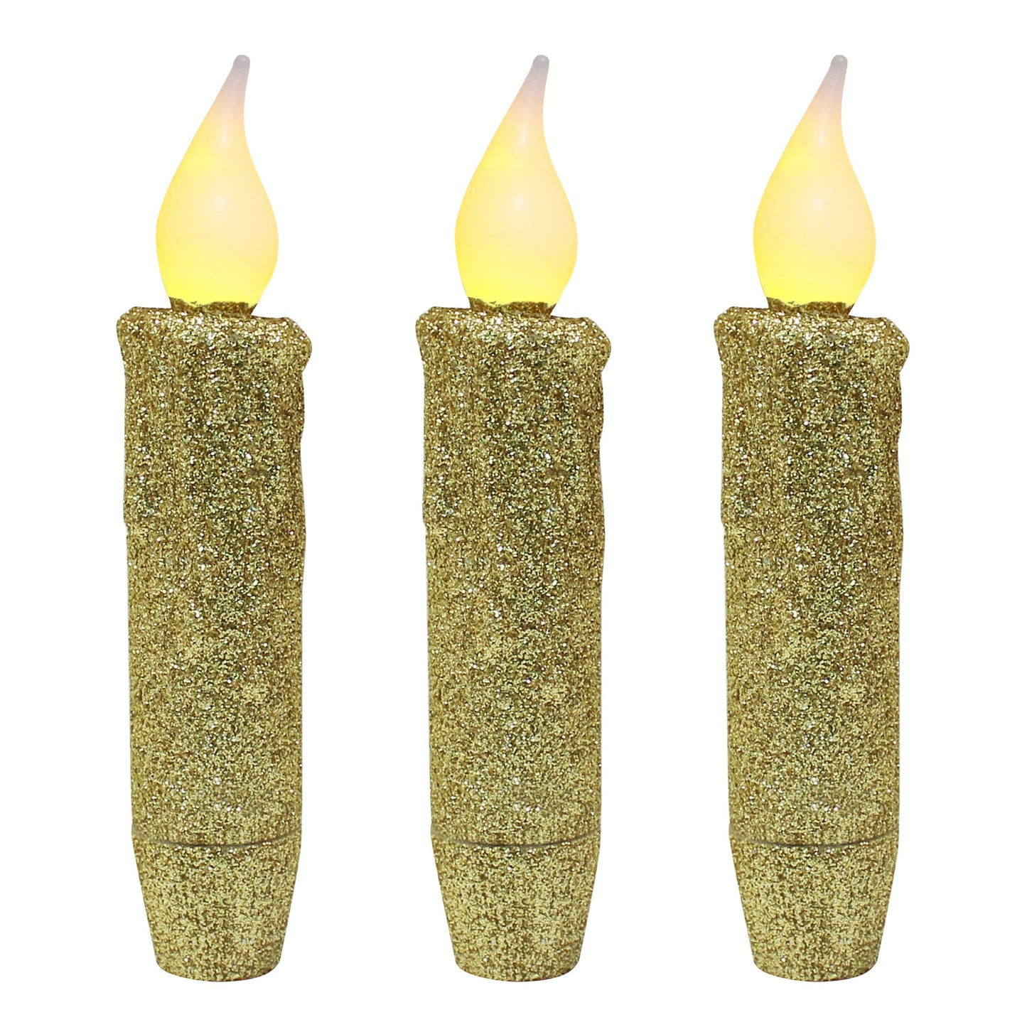 CVHOMEDECO. Glitter Flameless Candles Flickering Battery Operated LED Taper Candles with Timer for Home, Wedding, Halloween, Christmas Decor. Gold, 4-3/4 Inch, Set of 3