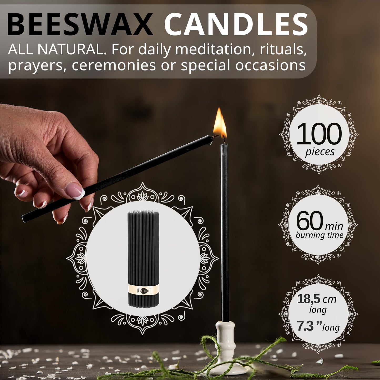 Danilovo Thin Taper Beeswax Candles - No-Drip, Smoke-Less, Tall, Decorative, Honey Scented Candles Ideal for Church Prayer, Rituals, Decor or Birthday – 7.3”x0.24” (Black, 100pcs)