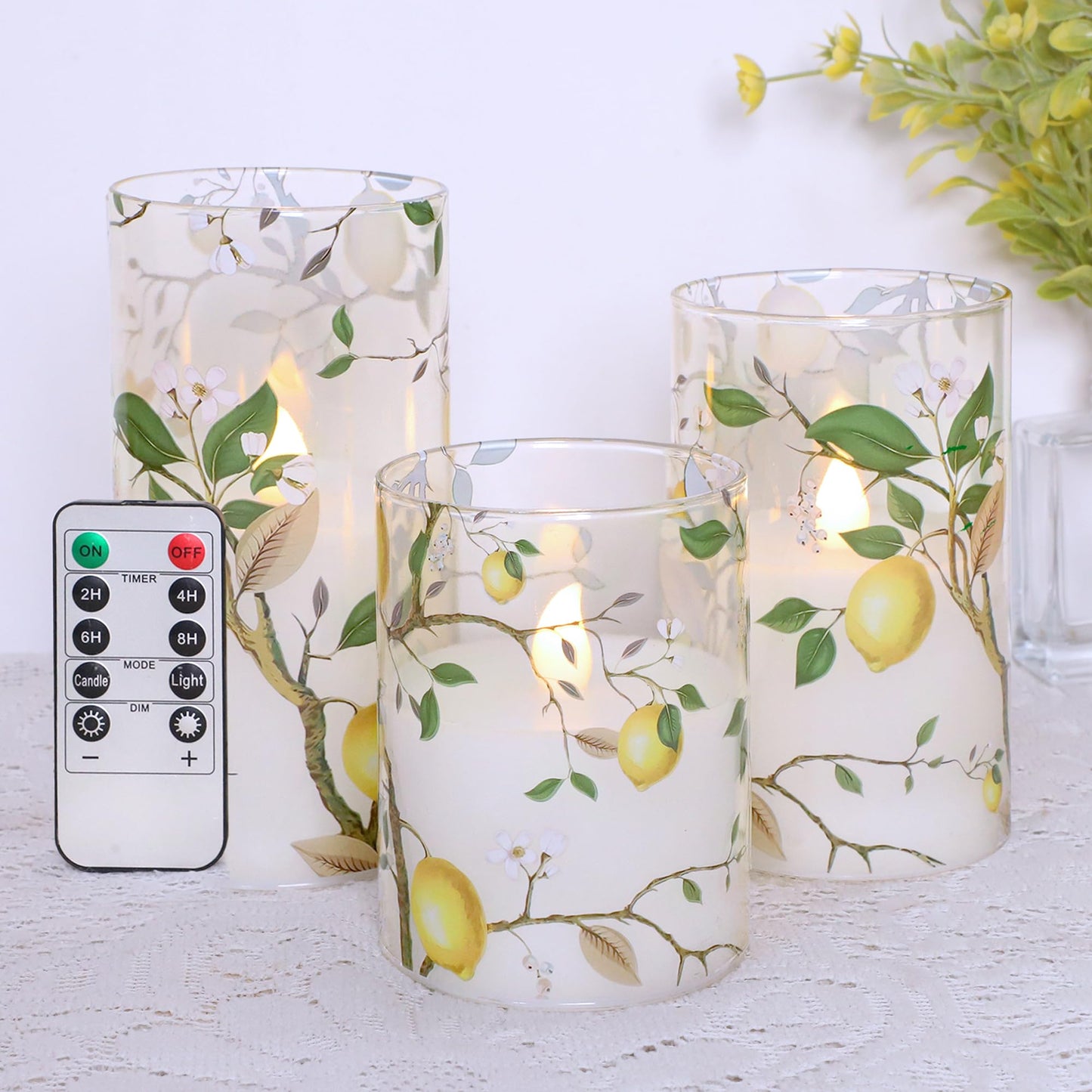 Silverstro Flameless LED Candles with Remote Lemon Decal Glass Flickering Battery Operated Candles for Home Room Party Wedding Holiday Christmas Valentine's Day Decor - Set of 3