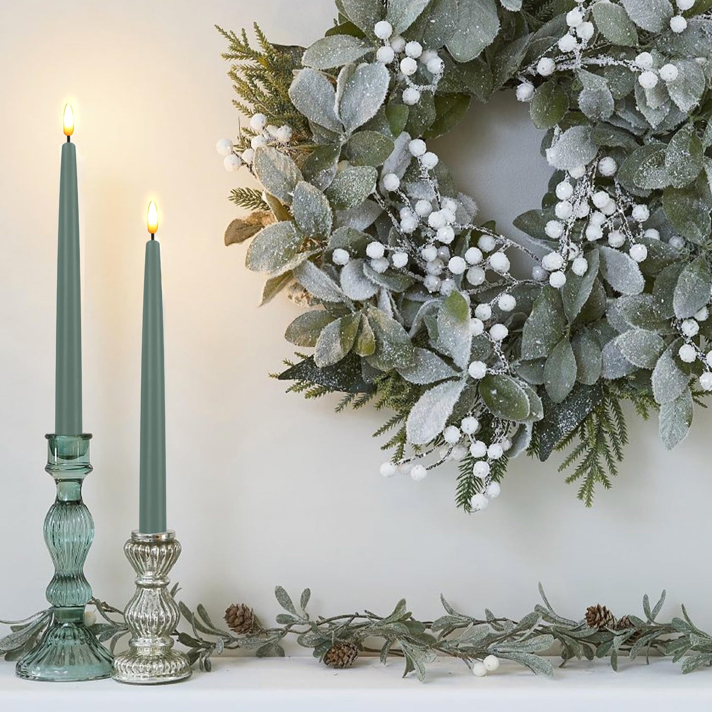 CVHOMEDECO. Flameless Taper Candles with 10-Key Remote, Battery Operated Led Flickering 3D Wick Window Candles Real Wax Finished Home Christmas Party Decor 0.78 x 11 Inch, Pack of 2, Grey Green