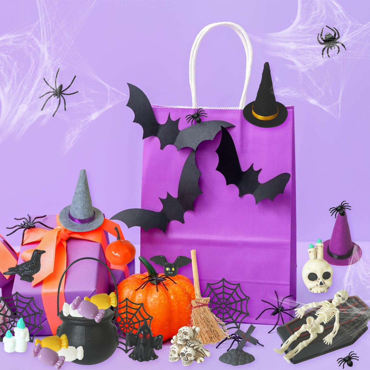 ZXSWEET Halloween Village Ornaments Accessories Desktop Decorations Witch Hat Coffin Skeleton Spider Pumpkin for Halloween Party Tabletop Decoration Supplies