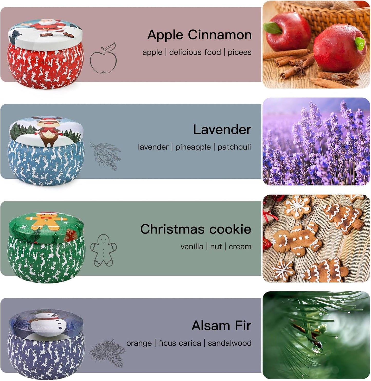 Christmas Candle Gift Set for Women, 4 Pack Long Lasting Soy Wax Candles with Lavender, Cookie, Fir & Cinnamon Apple Scents, Aromatherapy Candles for Home, Perfect Holiday Gifts