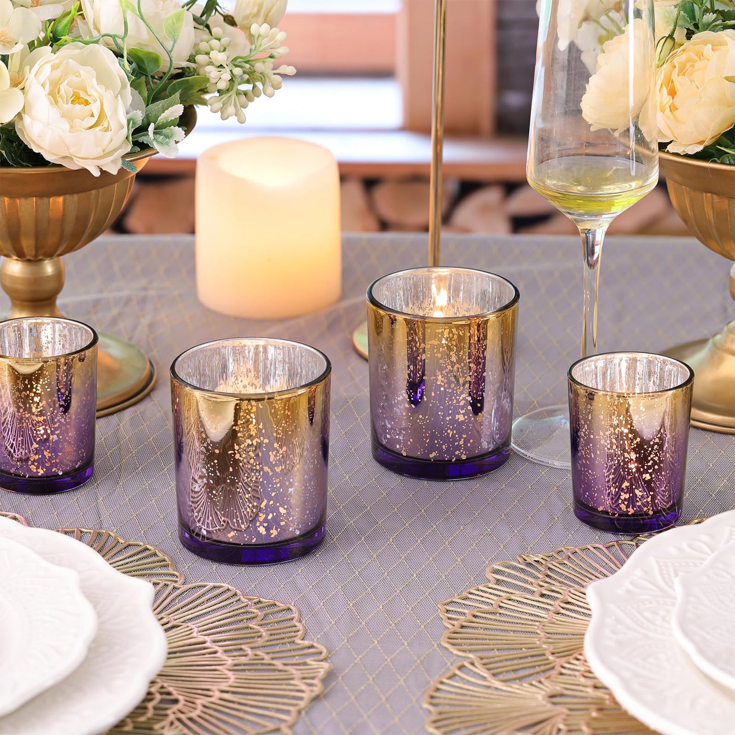 Volens 12pcs Assorted Purple Votive Candle Holders, Large Speckles Mercury Glass Votive & Tealight Candle Holder Bulk for Wedding Table Centerpiece, Purple and Gold Themed Party Decorations