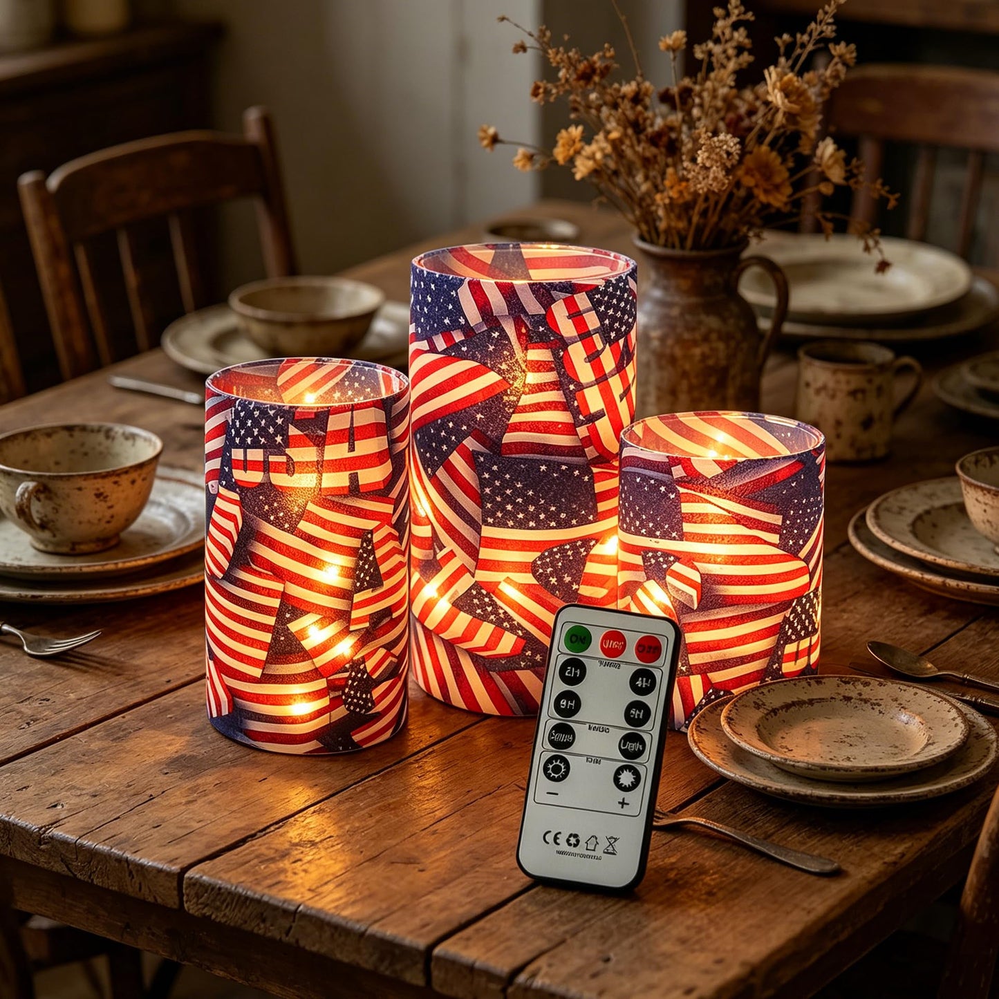 Independence Day Patriot Flickering Flameless Candles US Flag, Embedded Star String Lights, Battery Operated Acrylic LED Pillar Candles with 11-Key Remote and Timer for Home Decoration, 3 Pack