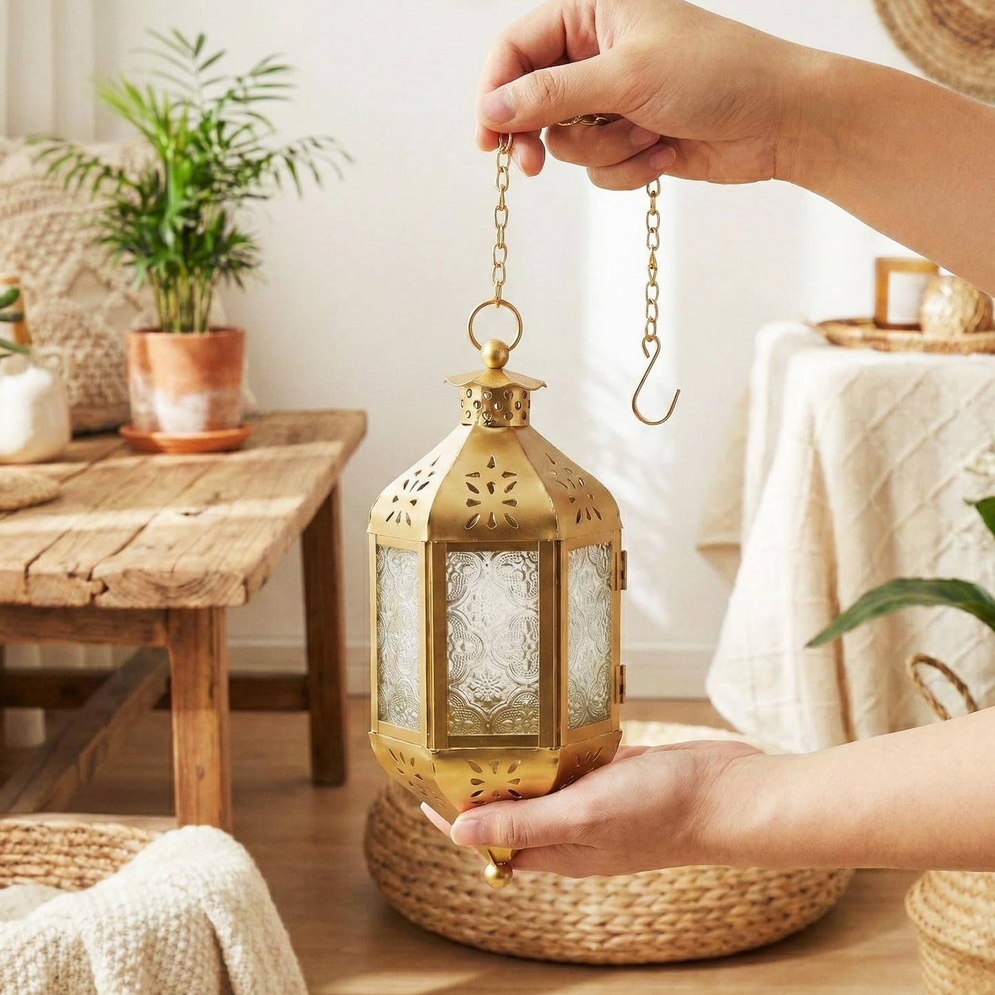 Vela Lanterns Hanging Moroccan Lamp - Exotic Decorative Patio & Porch Decor, Indoor Outdoor Tea Light Candle Lantern Holder with Chain (11" Medium, Gold)