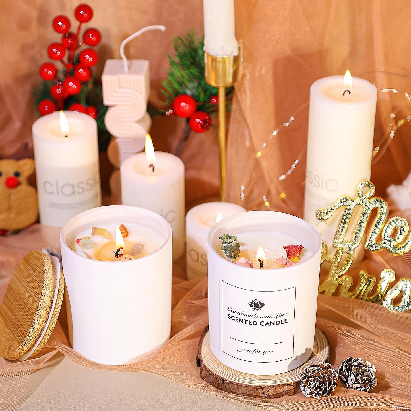CONNOO 12 Pack 10 OZ White Glass Candle Jars for Making Candles with Airtight Bamboo Lids Nice Sticky Warning Labels for Candle Making Empty Container Bulk - Dishwasher Safe