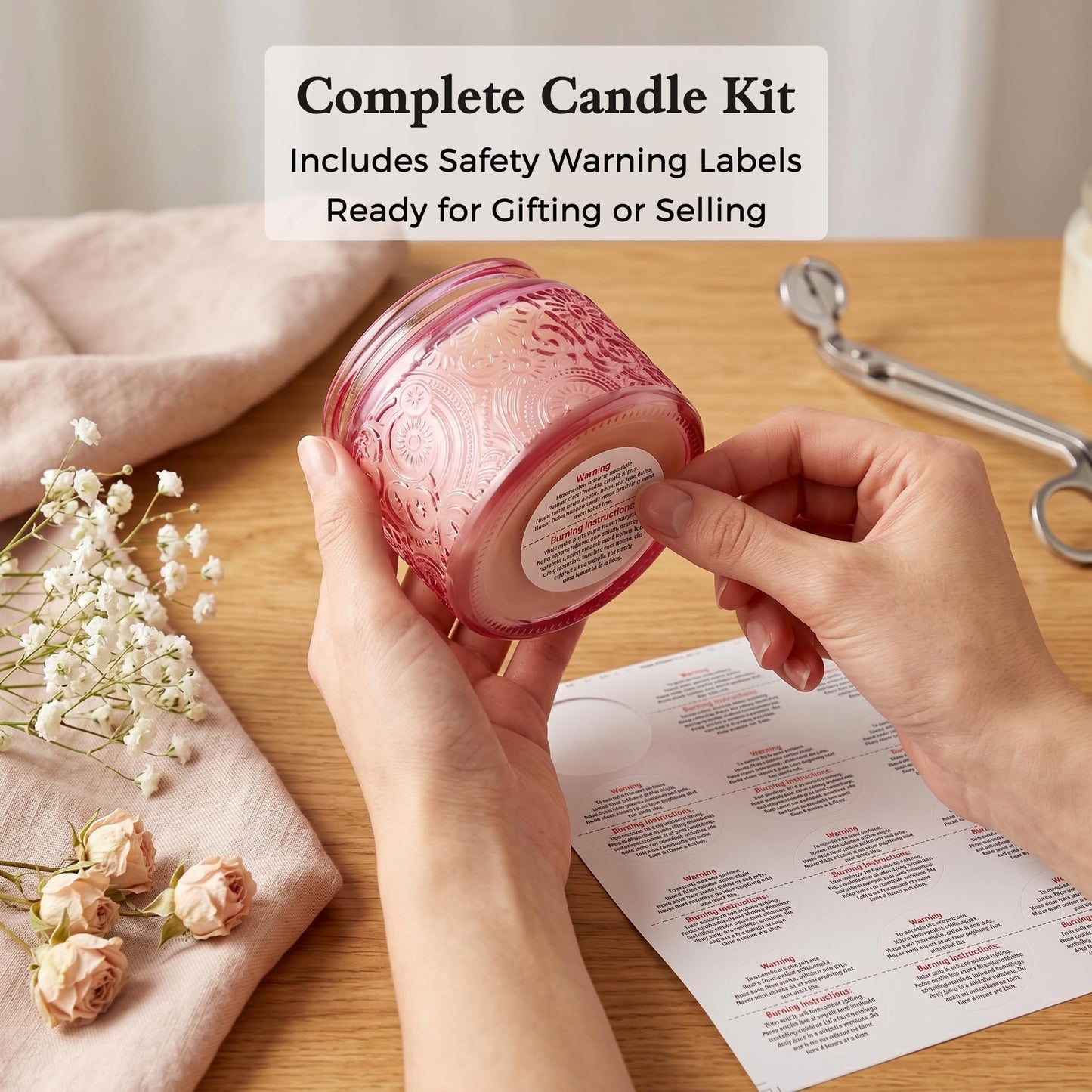 18-Pack 4oz Embossed Glass Candle Container with Bamboo Lids and Labels, Pink Candle Jars for Making Candles, Sun Moon Star Design