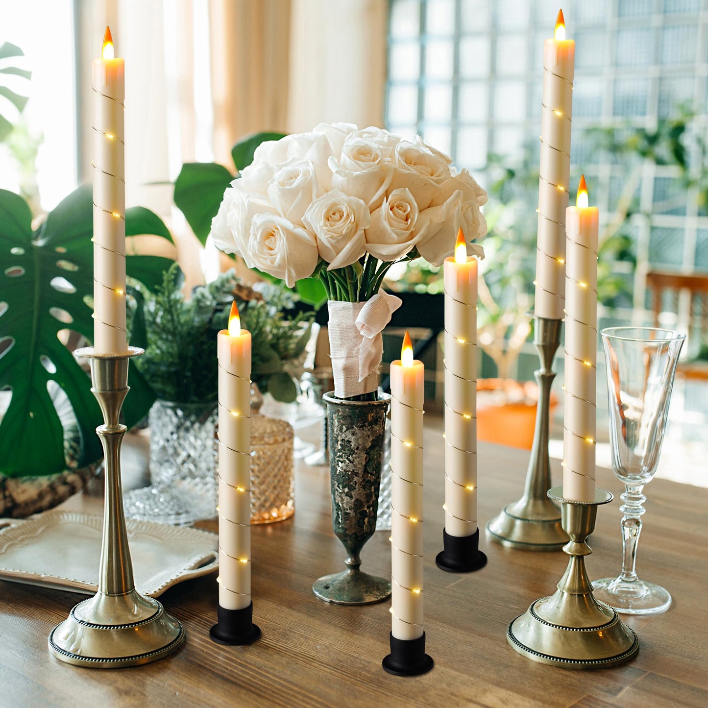 3 Pack Ivory Dripping Wax Flameless Candles, Realistic Dynamic Flame LED Taper Candles with Surrounding Fairy String Lights, Remote Control Battery Operated Candles for Home Wedding Holiday Decor