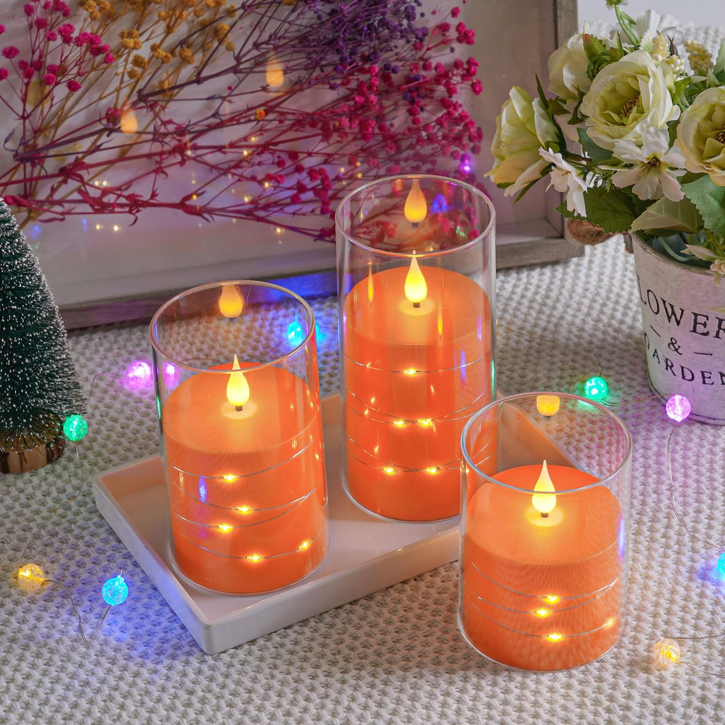 Da by 3 Pack Orange Transparent Acrylic Flameless Taper Candles, Flickering Black Wick LED Candles with Fairy String Lights, Heat Resistant ABS Candles with Remote for Indoor Outdoor Decor