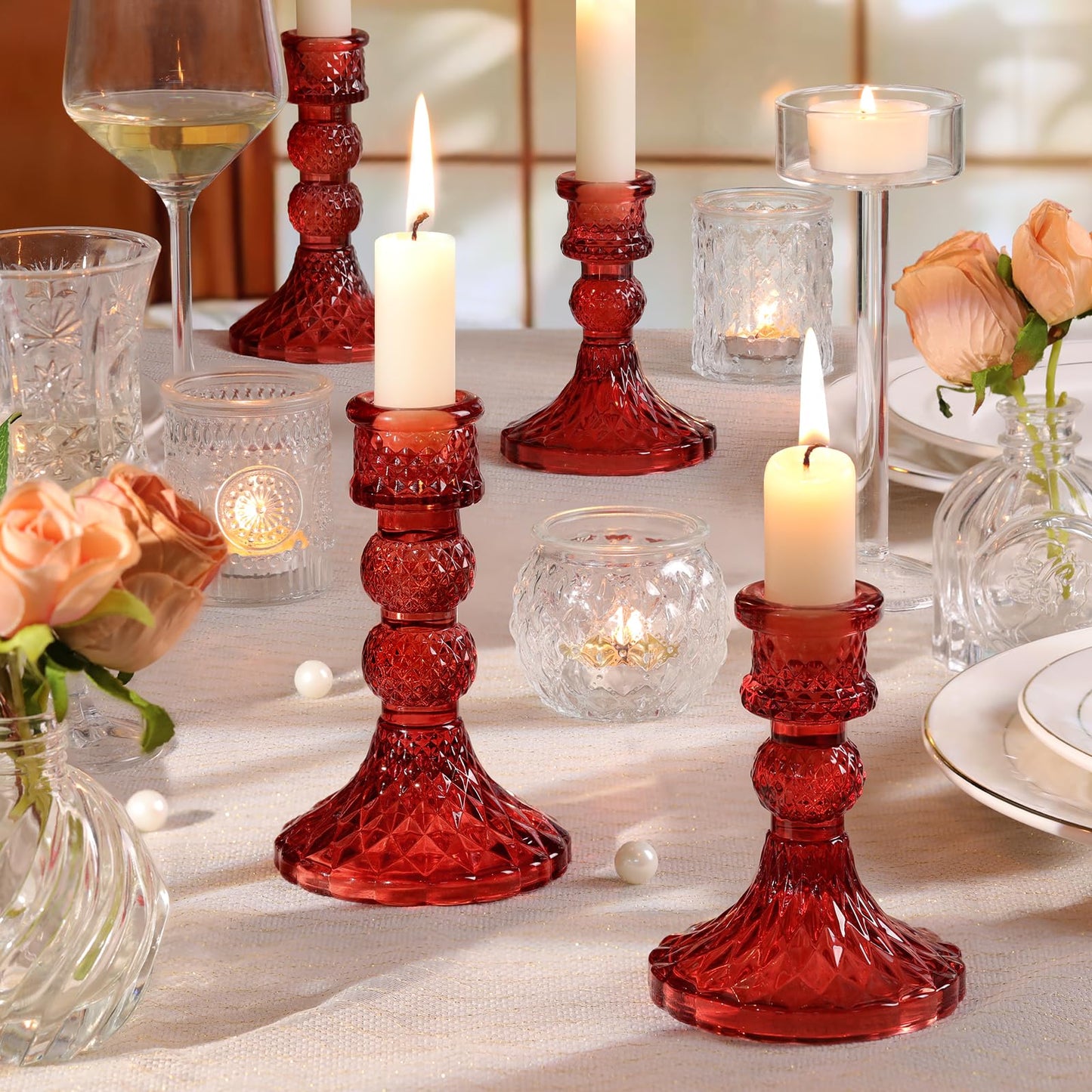 DARJEN Red Glass Candlestick Holders Set of 6, 4" H & 5" H Taper Candle Holders for Candlesticks & Pillar Candles, Diamond Candle Holders for Wedding Party Table Centerpiece, Home Decor (Pack of 2)
