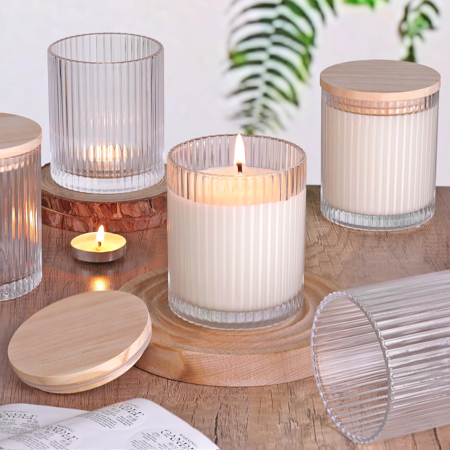 sunnyfuture 10 OZ Clear Candle Jars for Making Candles Set of 8, Ribbed Glass Candle Jars with Wood Lids and Labels, Candle Containers for DIY, Gifts, Home Decoration