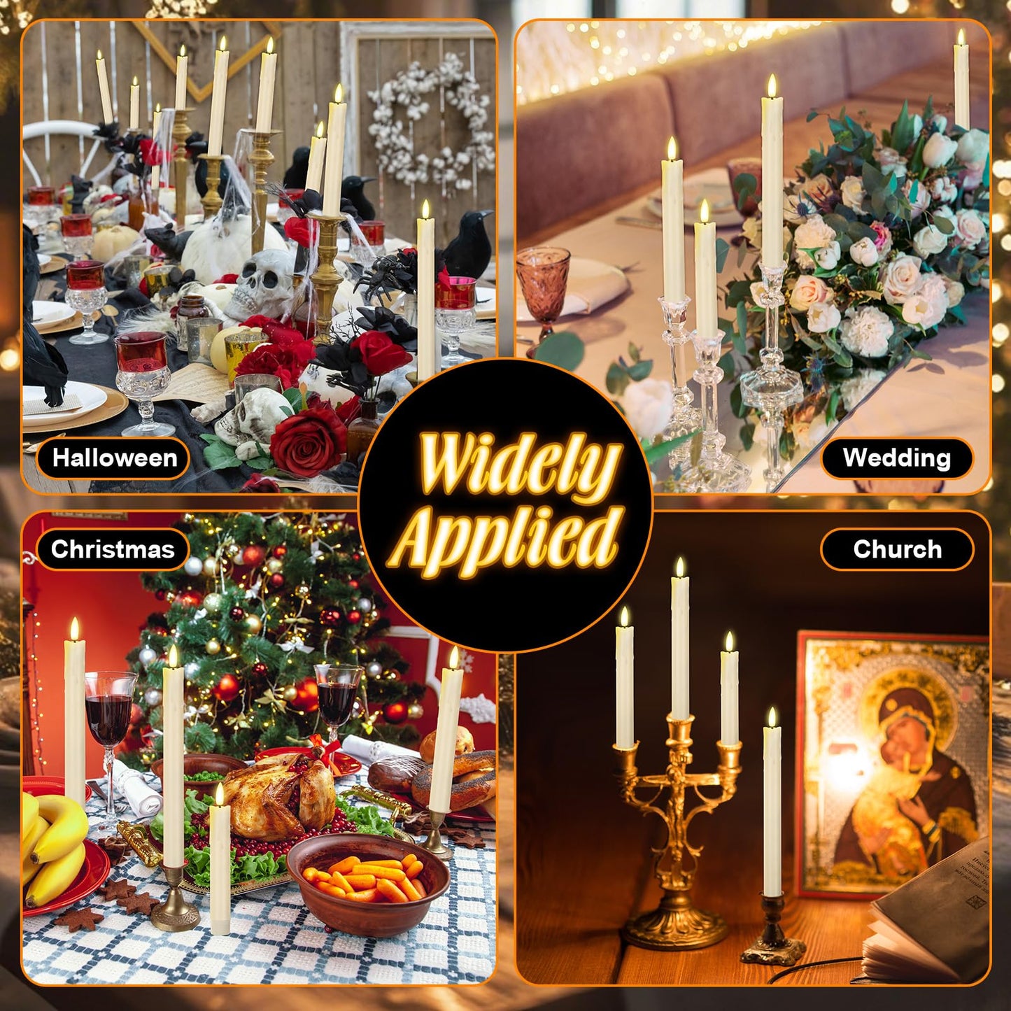 Macarrie 24 Pcs Ivory Flameless Taper Candles LED Battery Operated 6.5'', 7.7'', 8.8'', 10'' 3D Flickering Flame Candlesticks Drip Wax Shaped Candle for Valentine Anniversary Wedding Party Decoration