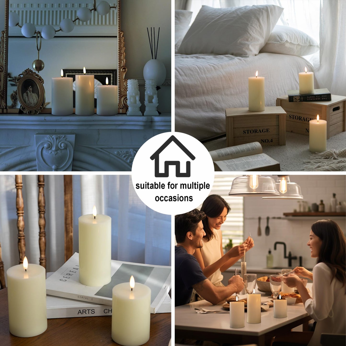 AFINETH Flickering Flameless Candles, Real Wax Battery Operated Candles with Remote, Flat Top Led Flameless Pillar Candles for Home, Wedding, Party Decor, Set of 3, Φ 3" H 4" 5" 6", Ivory