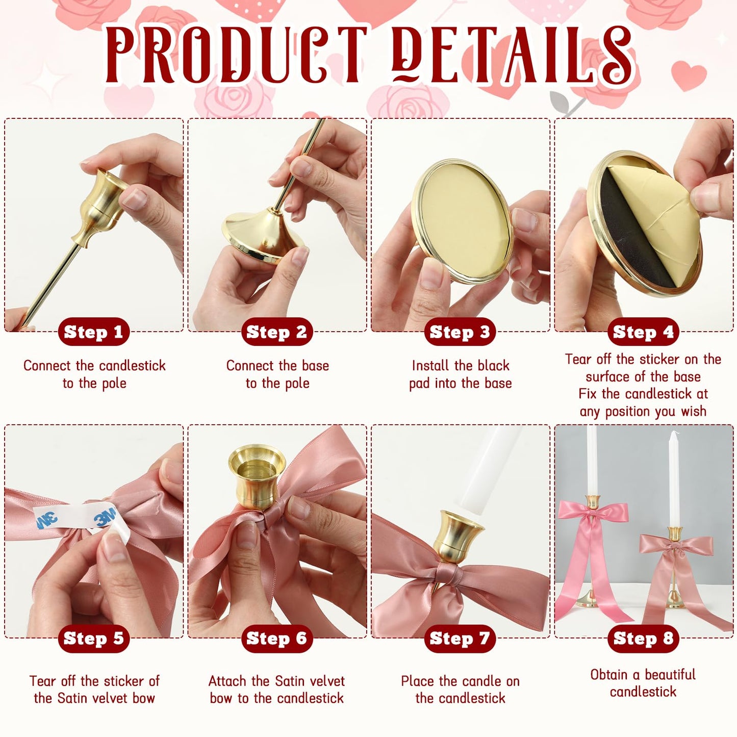 JarThenaAMCS 6Pcs Candle Stick Holders with Candles Satin Ribbon Bows Gold Metal Taper Candle Holders for Bride Shower Wedding Party Fireplace Table Centerpiece Decor