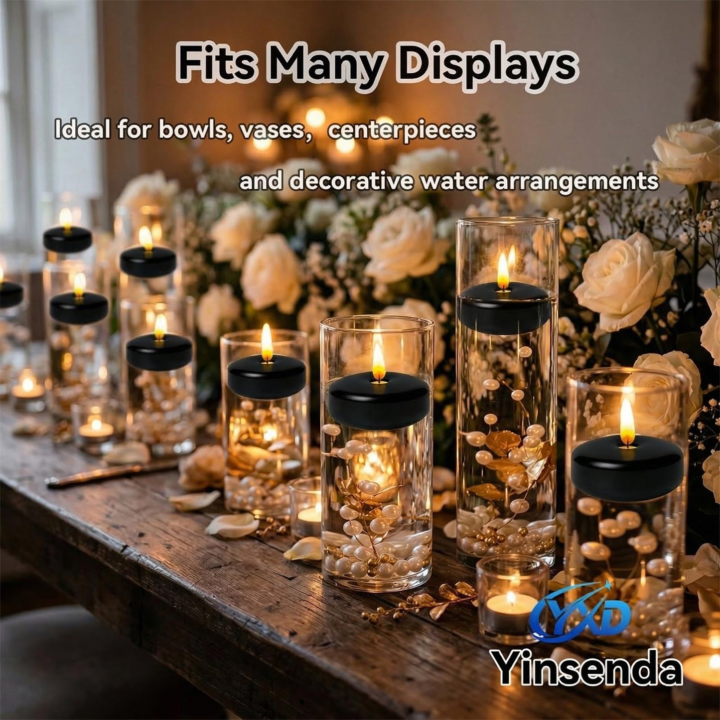 Yinsenda 12 Pack Black Floating Candles - 3 Inch Unscented Round Candles, 7-9 Hrs Long Burning for Cylinder Vases, Wedding Centerpieces, Parties & Bath Décor