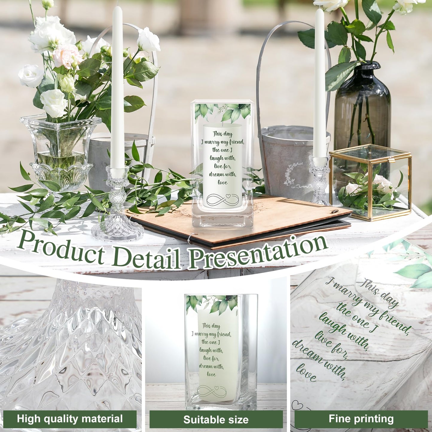 FoldTier Unity Candles with Holder for Wedding Ceremony Set 1 6" Pillar 2 9.8'' Taper Candles 3 Candlestick for Religious Formal Events Church(Green Leaf)