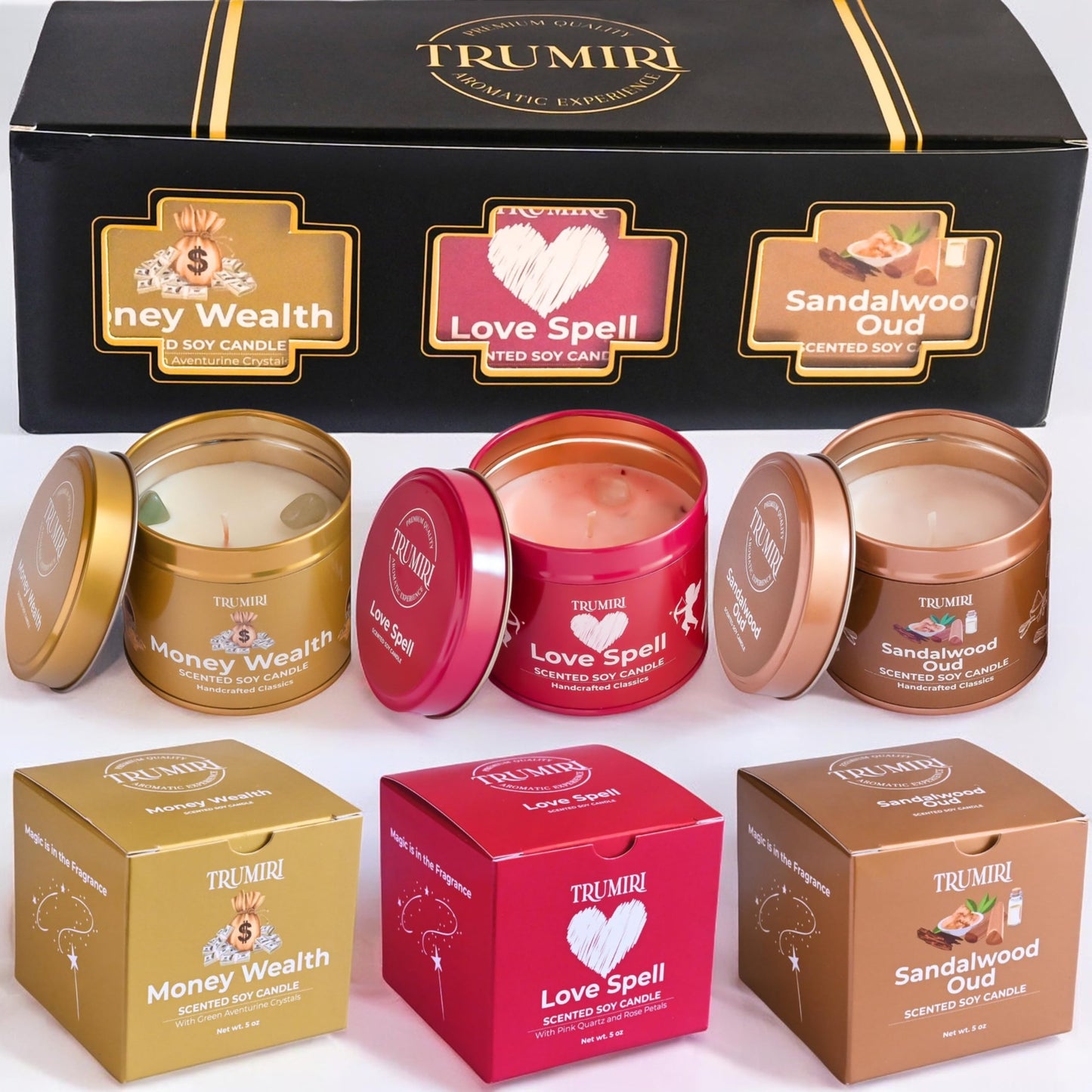 Love Spell, Money Wealth, Sandalwood Oud - Soy Candles Non Toxic - Highly Scented Long Lasting with Essential Oils - Variety Pack of 3 x 5oz - for Home Aromatherapy Meditation Gift Travel