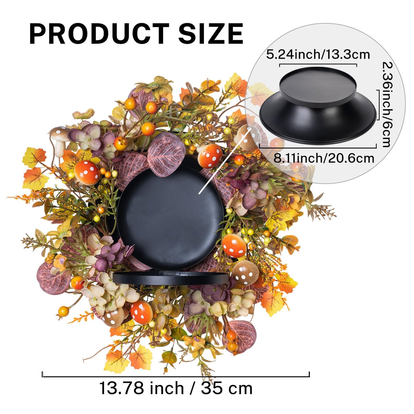 MOYEE Candle Holder Centerpieces for Tables,Candle Ring,Wreaths, Black Metal Candle Stick Paired Artificial Flowers 14 in Versatile Dining Table Centrepiece (Daisy Mushroom Wreath)