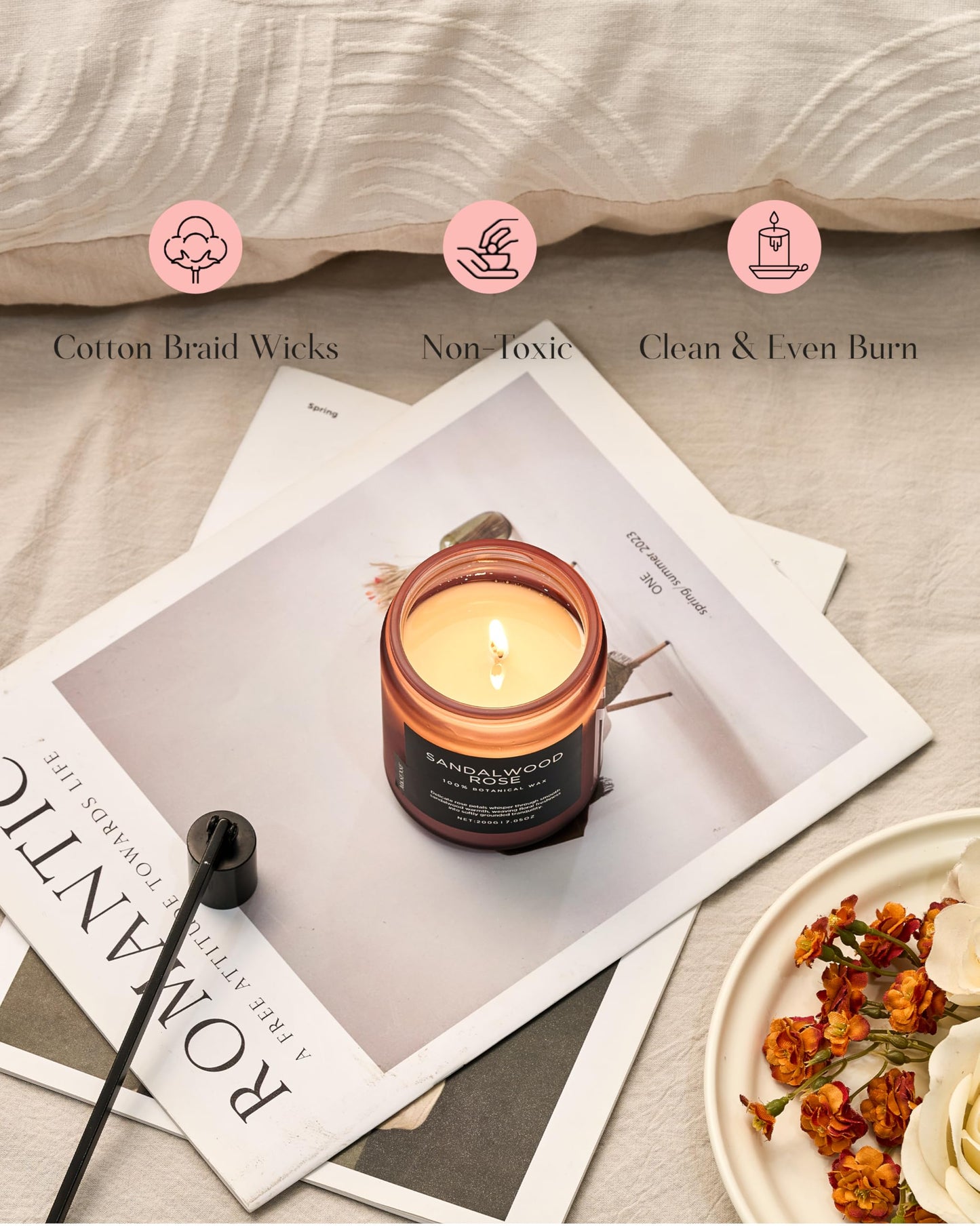 M&SENSE Sandalwood Rose Home Scented Candles, 7.05oz Natural Soy Wax, 50 Hours Slow Burning Romantic Smelling Scent for Women, Housewarming Gifts for Family Friends