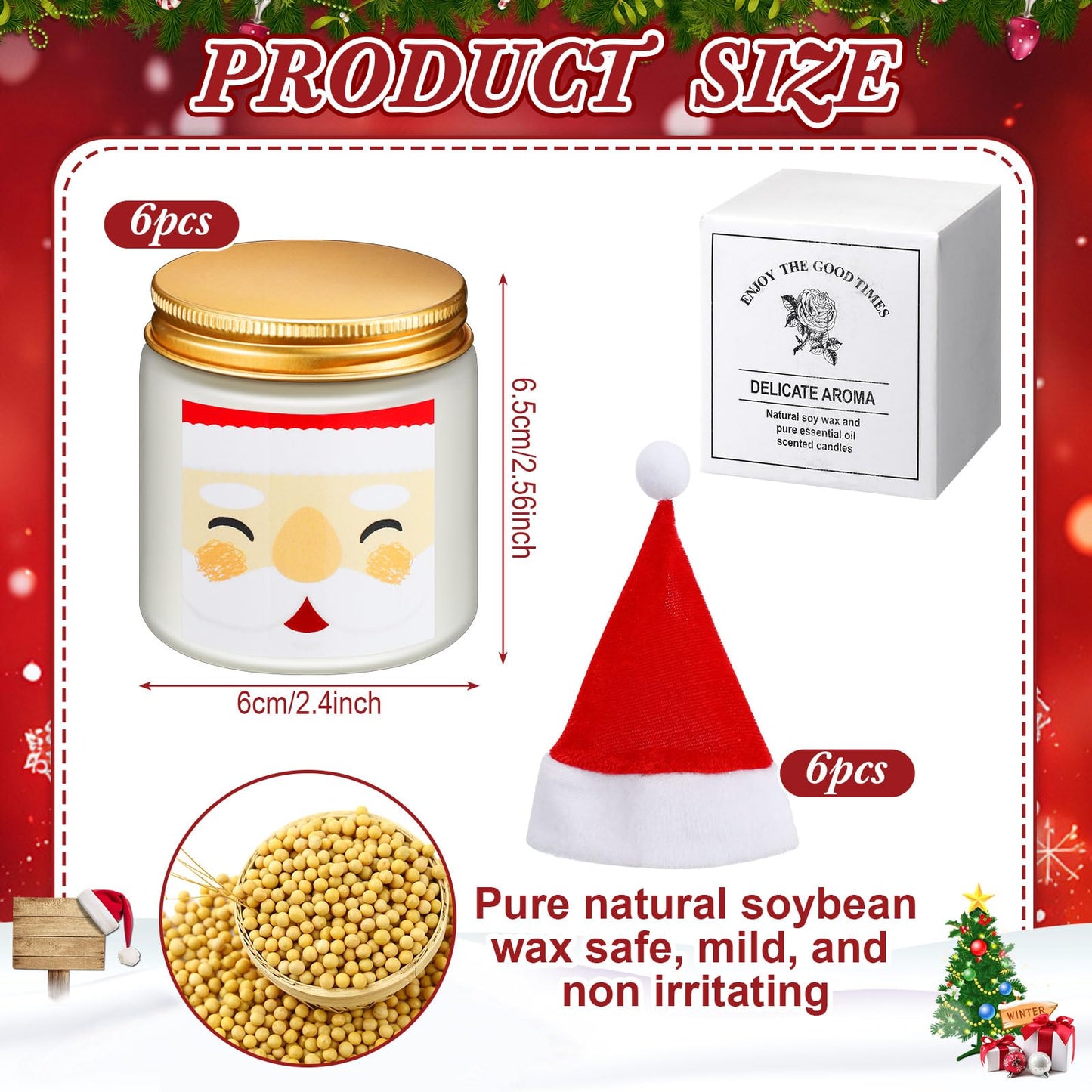 Conelist 12 Pack Christmas Scented Candles Jar Set Include 6 Pcs 7oz Aromatherapy Soy Wax Candles and 6 Pcs Mini Xmas Santa Hat Holiday Table Centerpieces Gifts for Women Men Relaxing Spa