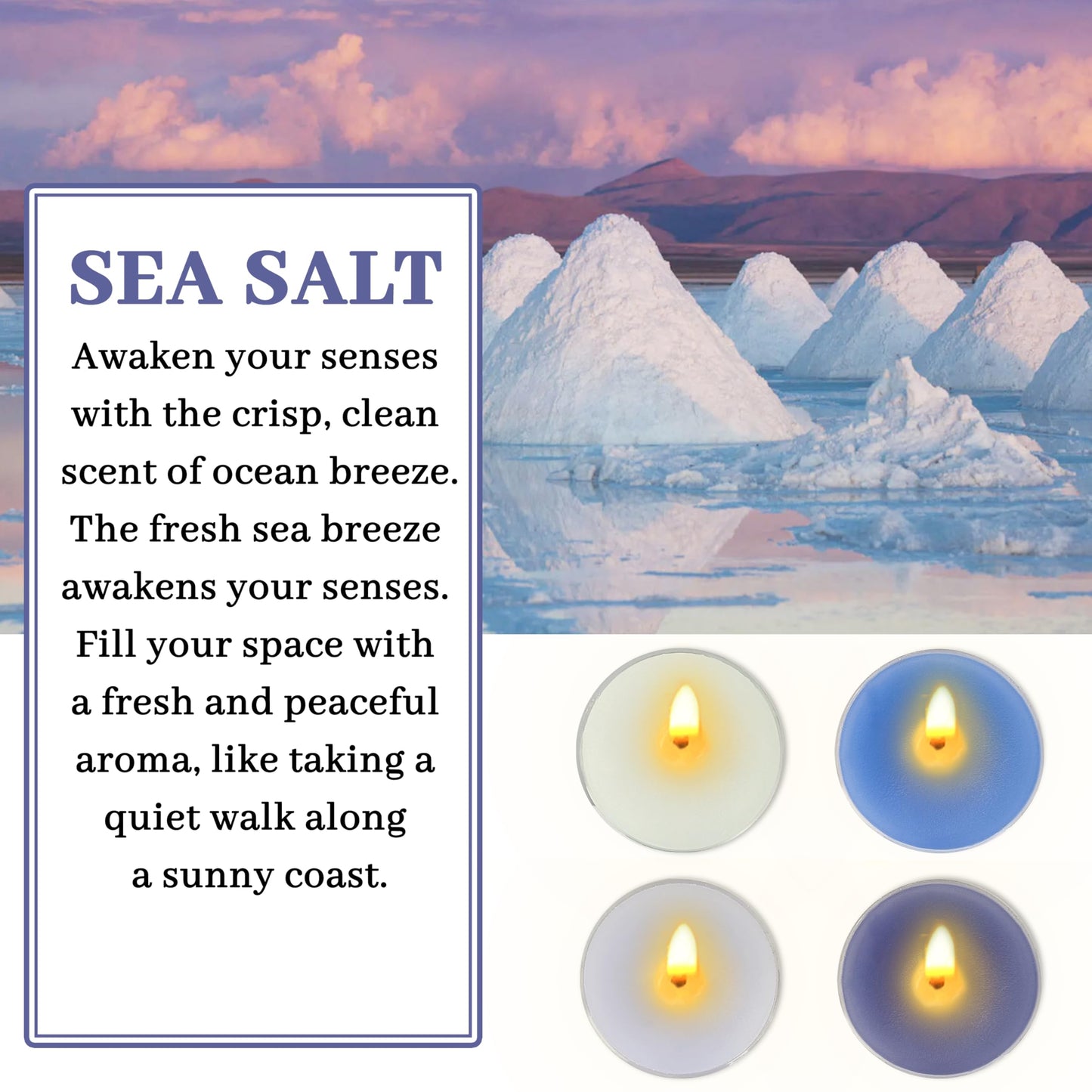 Sea Salt Scented Tea Light Candles 12 Pack Gradient Blue Hand Poured Smokeless 4 Hours Clean Burning Small Round Clear Cup Tealight Candles for Nautical Dinner Wedding Spa Yoga Meditation Cozy Evening