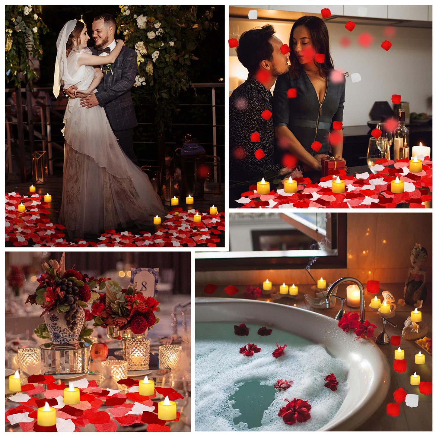 Coume 6000 Pcs Artificial Rose Petals with 72 Pcs Flameless LED Candles Romantic Decorations Fake Candles Anniversary Decorations for Valentine's Day Wedding Night(Warm White with Red Series Petal)