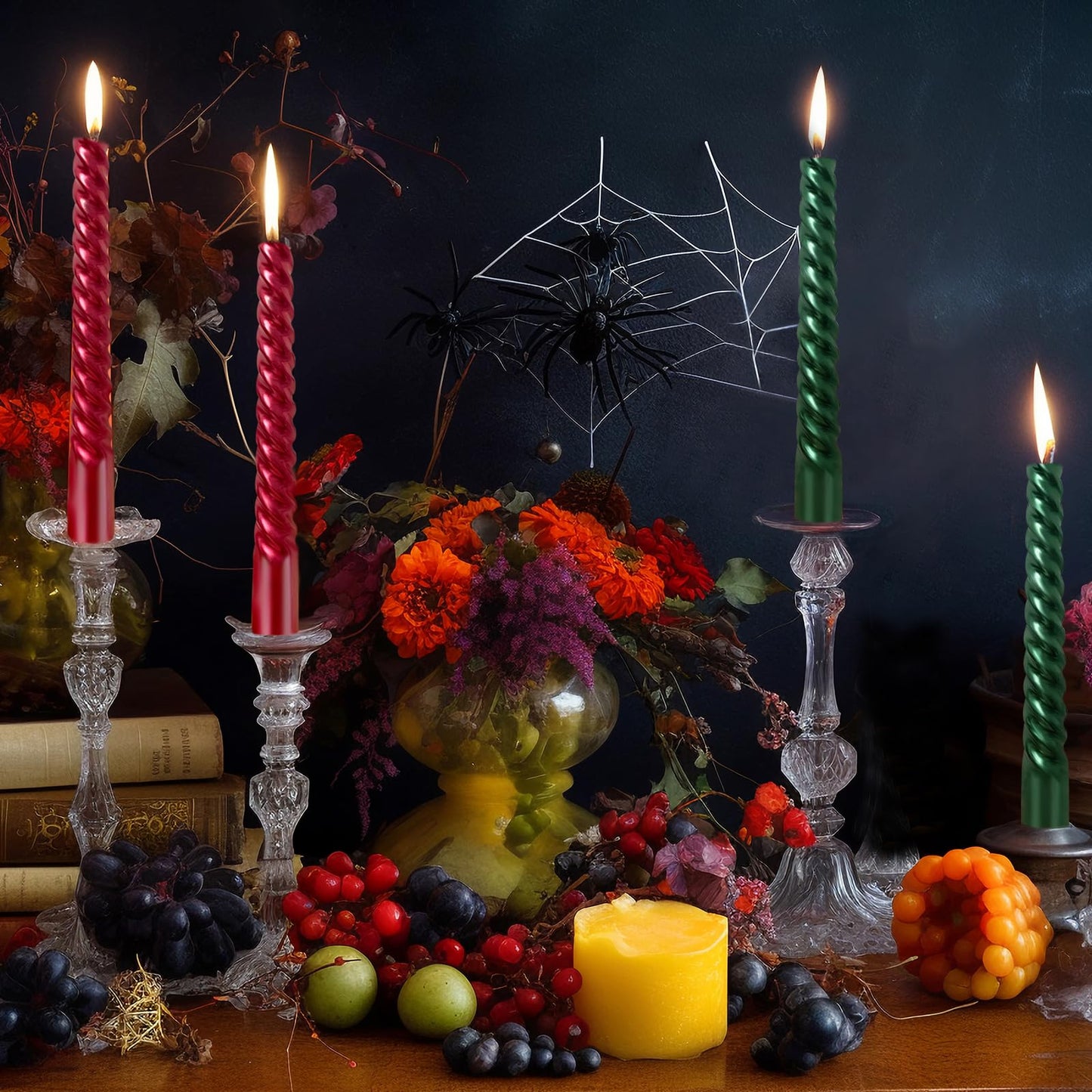10 Inch Spiral Taper Candles Set for Christmas, 6 Green and 6 Burgundy Unscented Twisted Candlesticks, Dripelss Thin Tapered Candles for Holiday Party Decorations