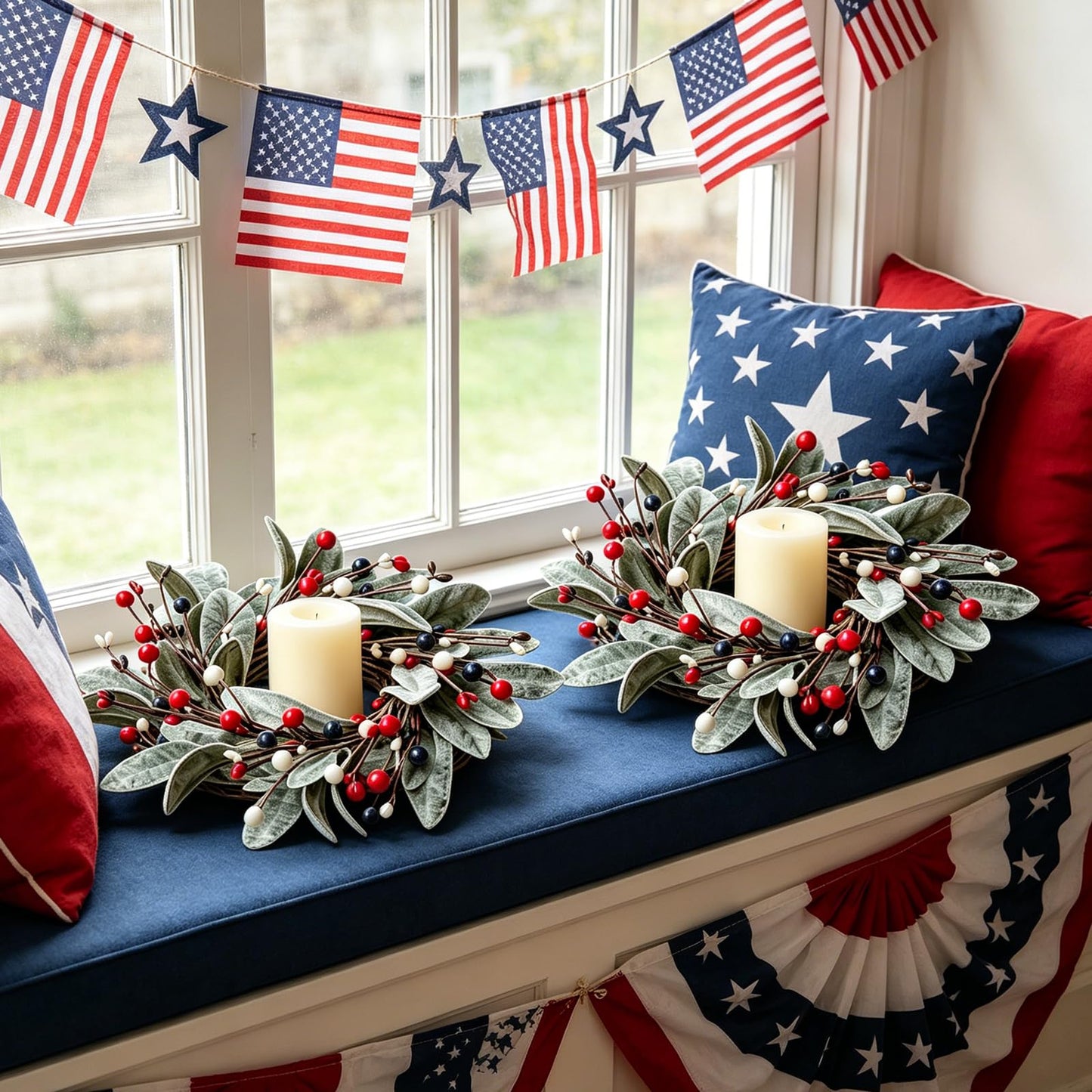 6 PCS Patriotic 4th of July Candle Rings Wreaths Independence Day Candle Rings Holder with Red White Blue Berries & Lamb's Leaves Mini Memorial Day Labor Day Wreath for Home Table Centerpiece Decor
