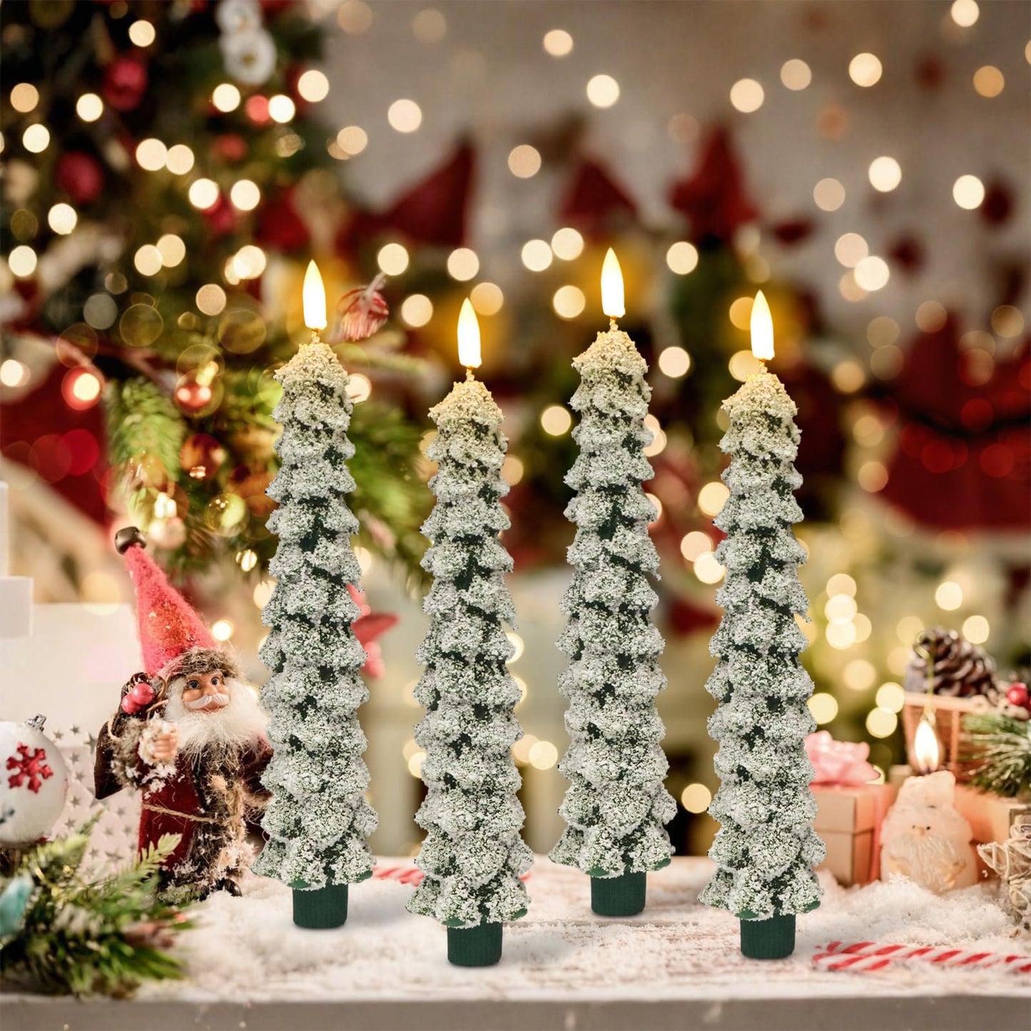 DRomance Christmas Tree Flameless Taper Candles with Remote Timer Battery Operated Flickering LED Candlesticks Real Wax Snowflake Glitters Holiday Indoor Decor(4 Pack, 0.78" D x 9.8" H)