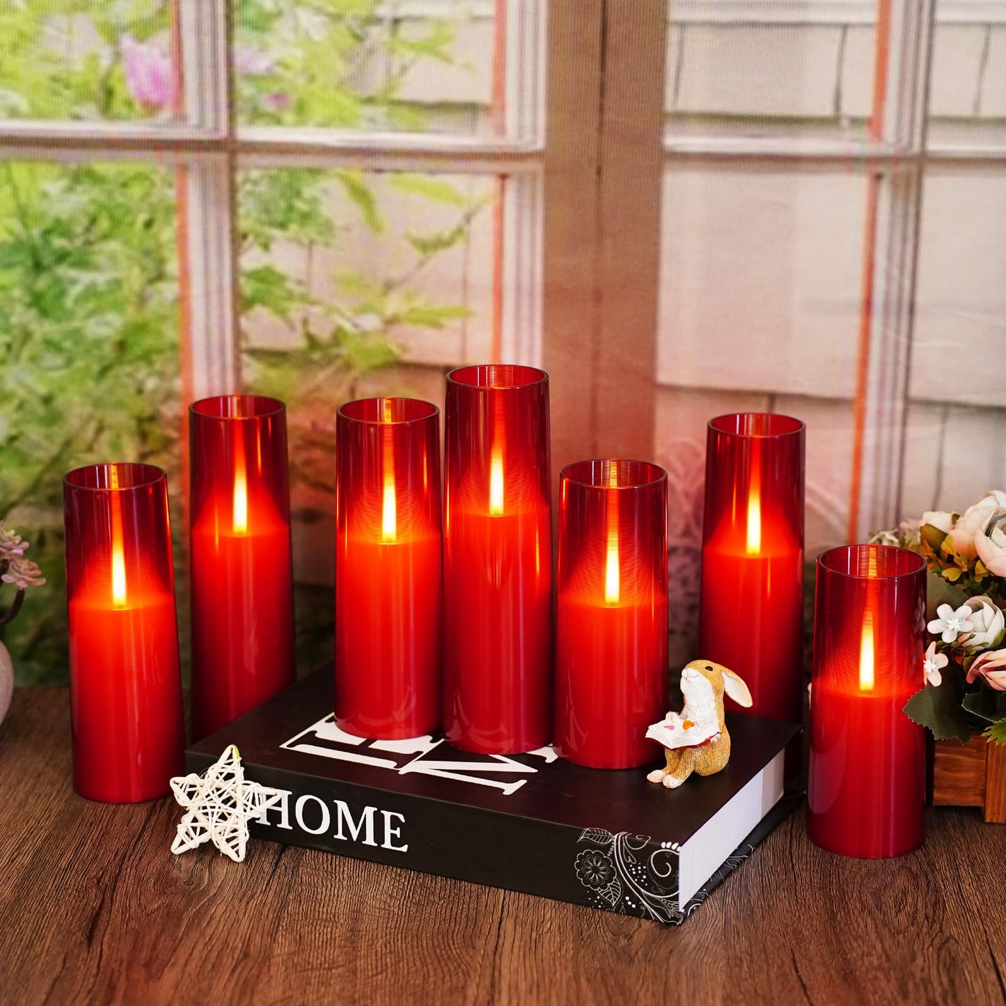 kakoya Flameless LED Candles Upgraded Realistic Flickering Flame,7Pcs Battery Operated Candles with Remote Timers,LED Pillar Candles for Home Decor,Christmas,and Parties(Red)