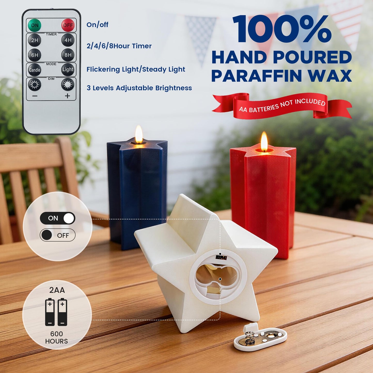 Velsyn Americana Set of 3 Red, White & Blue Star-Shaped Flameless Candle Pillars - Real Wax 3D Flame LED Candle