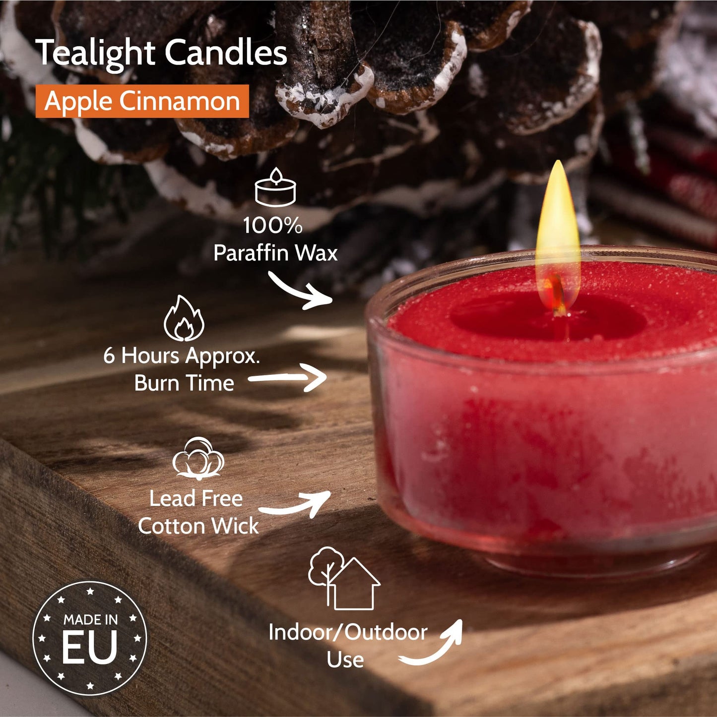 HYOOLA Scented Tealight Candles - Clear Cup - Apple Cinnamon Tealight Candles Scented - 6 Hour Burn Time - 15 Pack - European Made