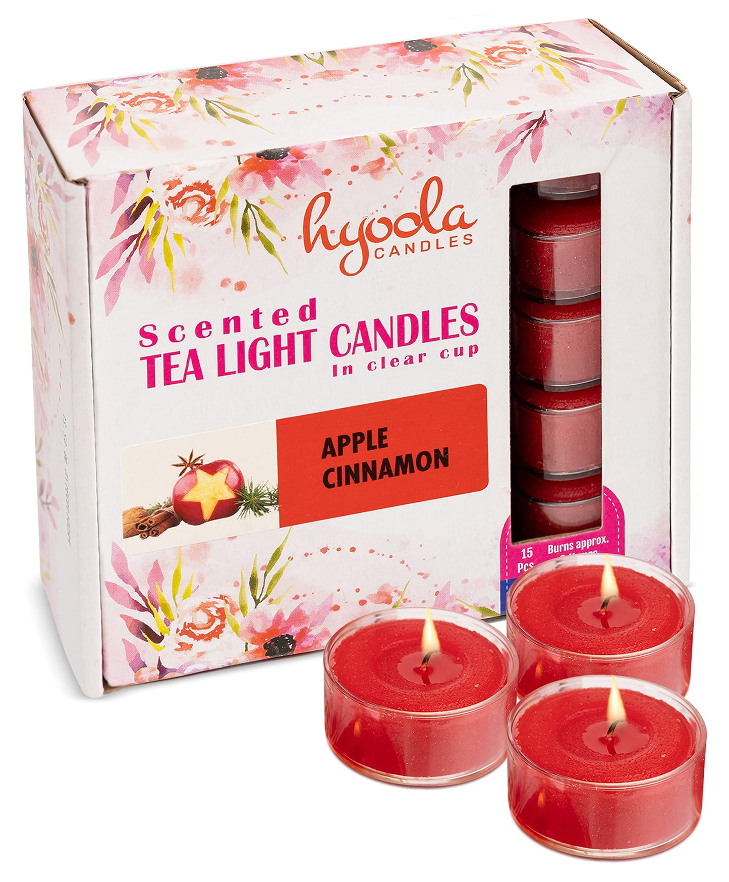 HYOOLA Scented Tealight Candles - Clear Cup - Apple Cinnamon Tealight Candles Scented - 6 Hour Burn Time - 15 Pack - European Made