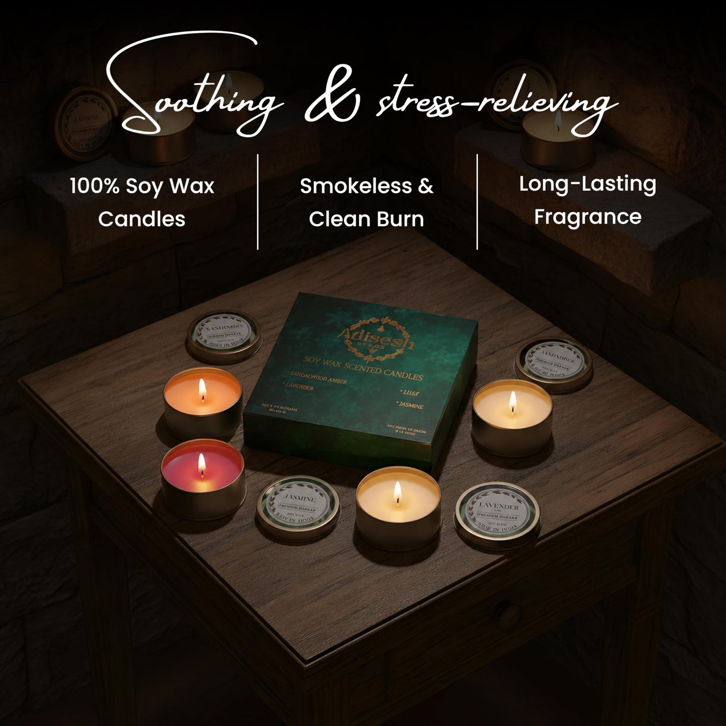 Adisesh Decor Metal Tin Soy Wax Scented Candles Gift Set - 4 Aromatic Flavors (Sandalwood Amber, Lavender, Lily, Jasmine) | Scented Candles for Home Decoration, Burn Time 14-15 Hrs Each