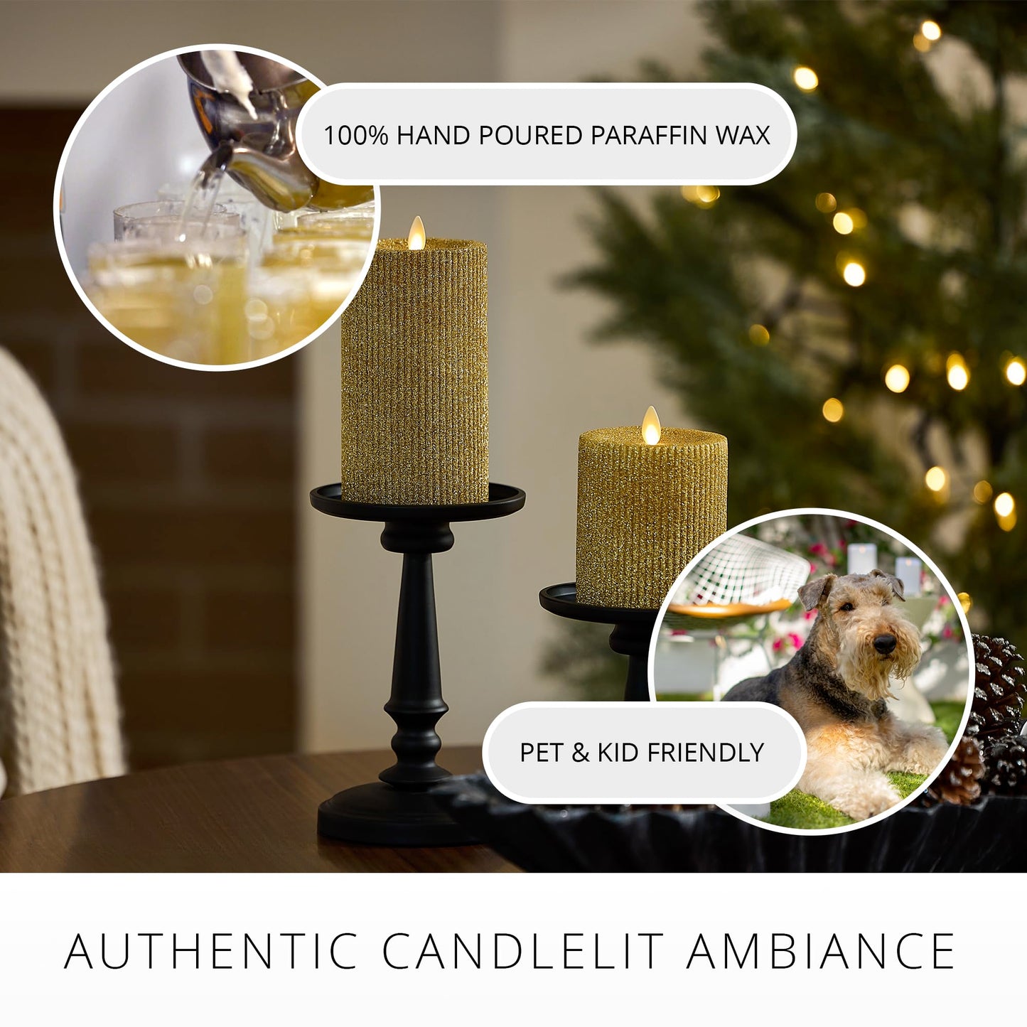Luminara Rich Gold Glitter Ribbed Flameless LED Candle Moving Flame Pillar, Real Wax, Flat Top, Timer (3.25" x 4.5")