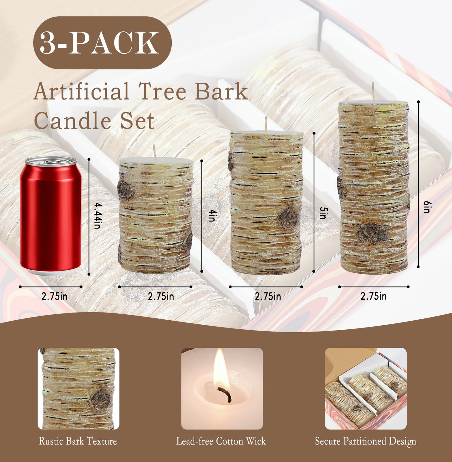 Birch Bark Texture Pillar Candles Set - Real Wax 3 Sizes (4", 5", 6" Tall) Rustic Decor Fireplace Candles, Unscented Woodland Style Pillar Candle for Modern Farmhouse, Dining Table, Holiday Decor