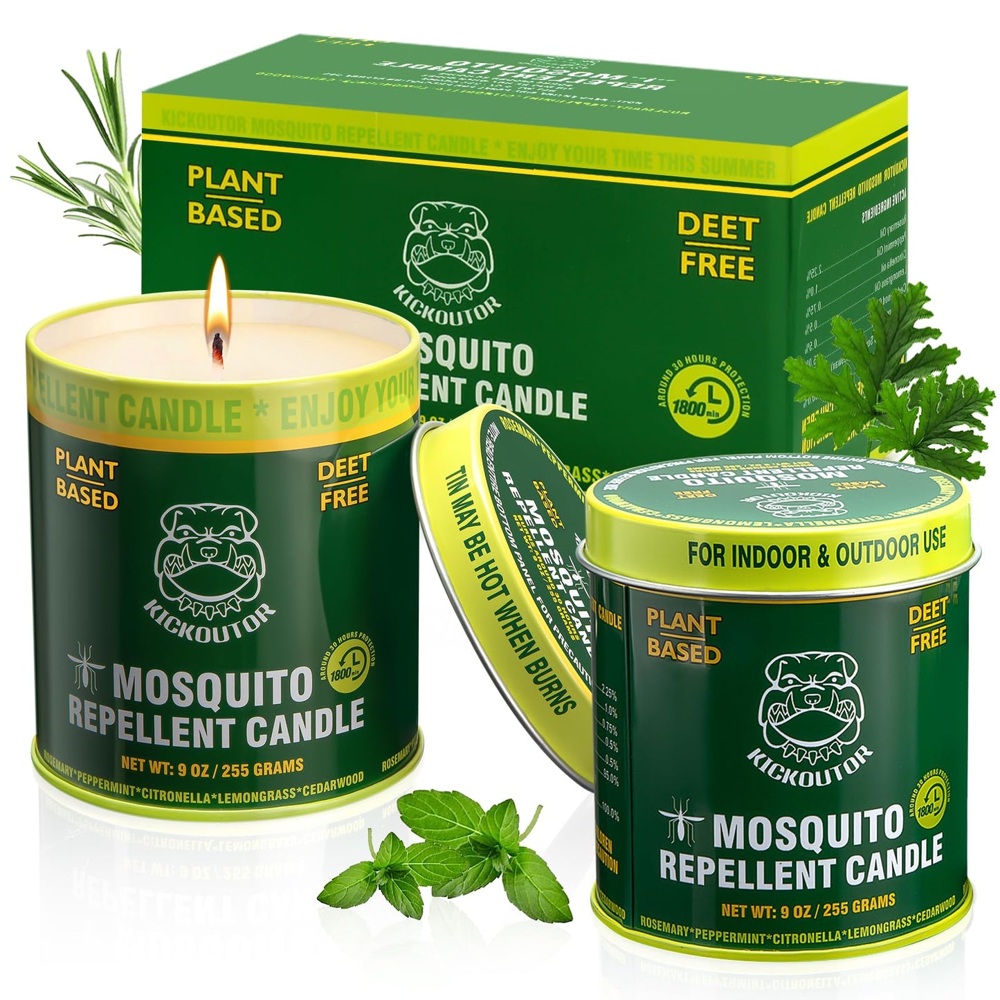 KICKOUTOR® Mosquito Repellent Citronella Candles Outdoor, 2-Pack | Total 18 Ounce 60-Hour DEET-Free Bug Protection for Patio Camping Picnic Backyard Room, Infused with 5 Plant Essential Oils