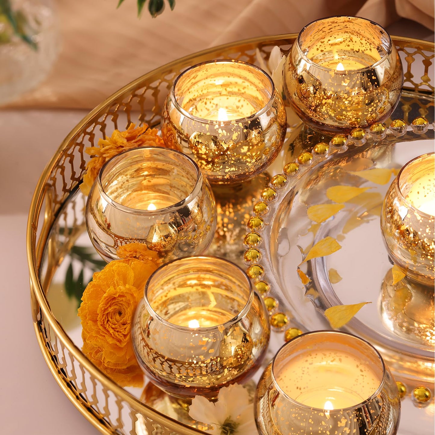 LAMORGIFT 24 Pcs Gold Votive Candle Holders -Gold centerpieces for Wedding Table Decor, Mercury Tealight Candle Holder for Bridal Shower, Engagement, Birthday Party Decorations