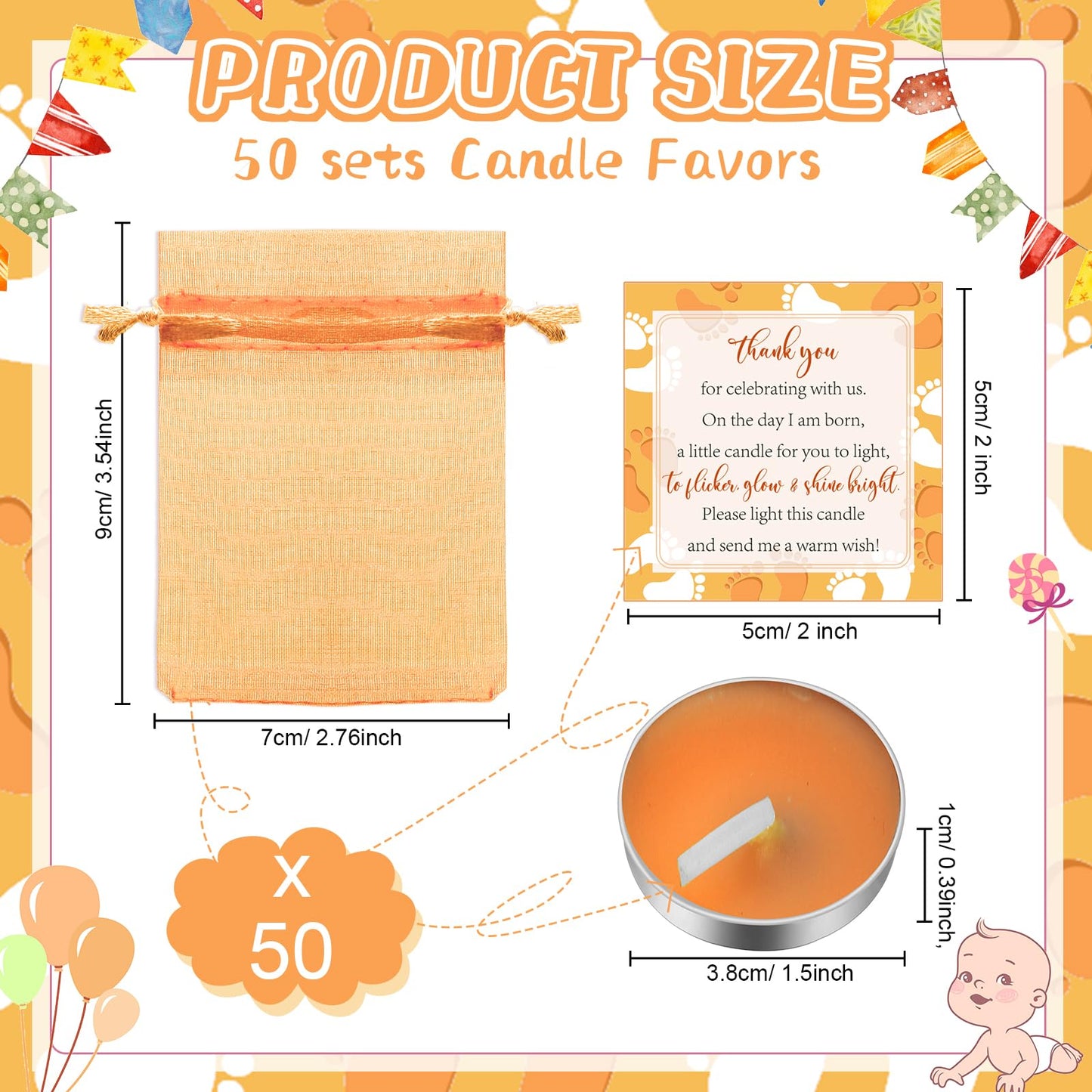 50 Sets Baby Shower Party Favors Including 50 Pcs Unscented Tealight Baby Shower Candles Gift Bags Cards for Gender Reveal Party Supplies(Orange)